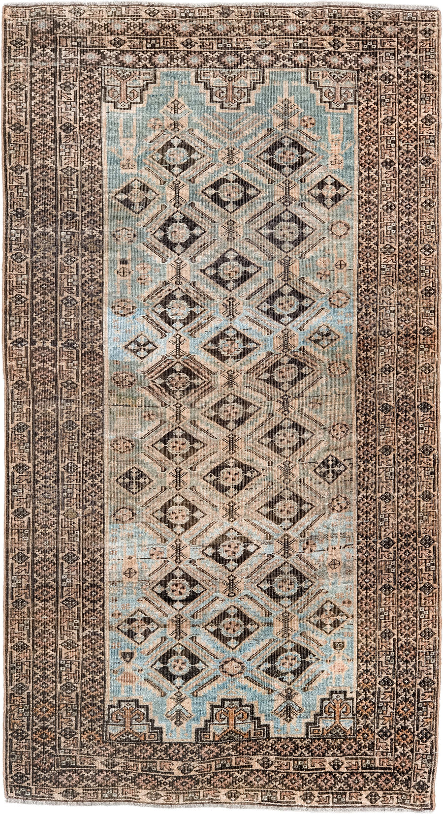3' x 5' one-of-a-kind handmade antique Belouch small size rug. Color palette: sky blue, ivory, charcoal, taupe, camel, brown