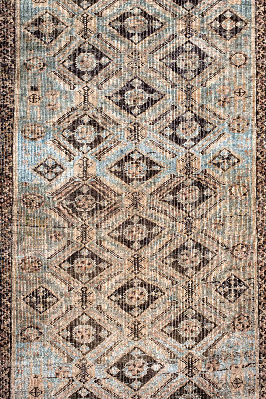 3' x 5' one-of-a-kind handmade antique Belouch small size rug. Color palette: sky blue, ivory, charcoal, taupe, camel, brown