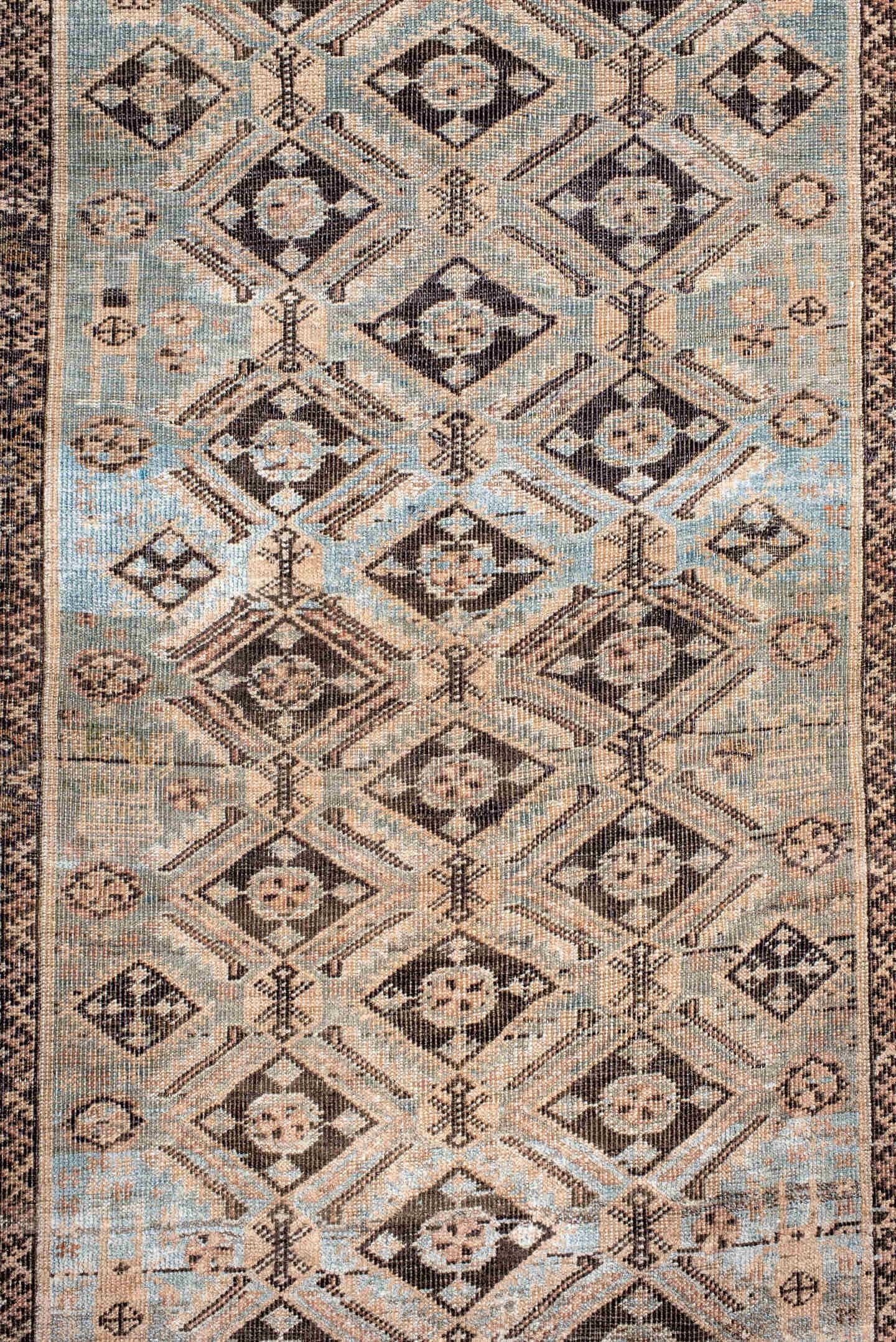 3' x 5' one-of-a-kind handmade antique Belouch small size rug. Color palette: sky blue, ivory, charcoal, taupe, camel, brown