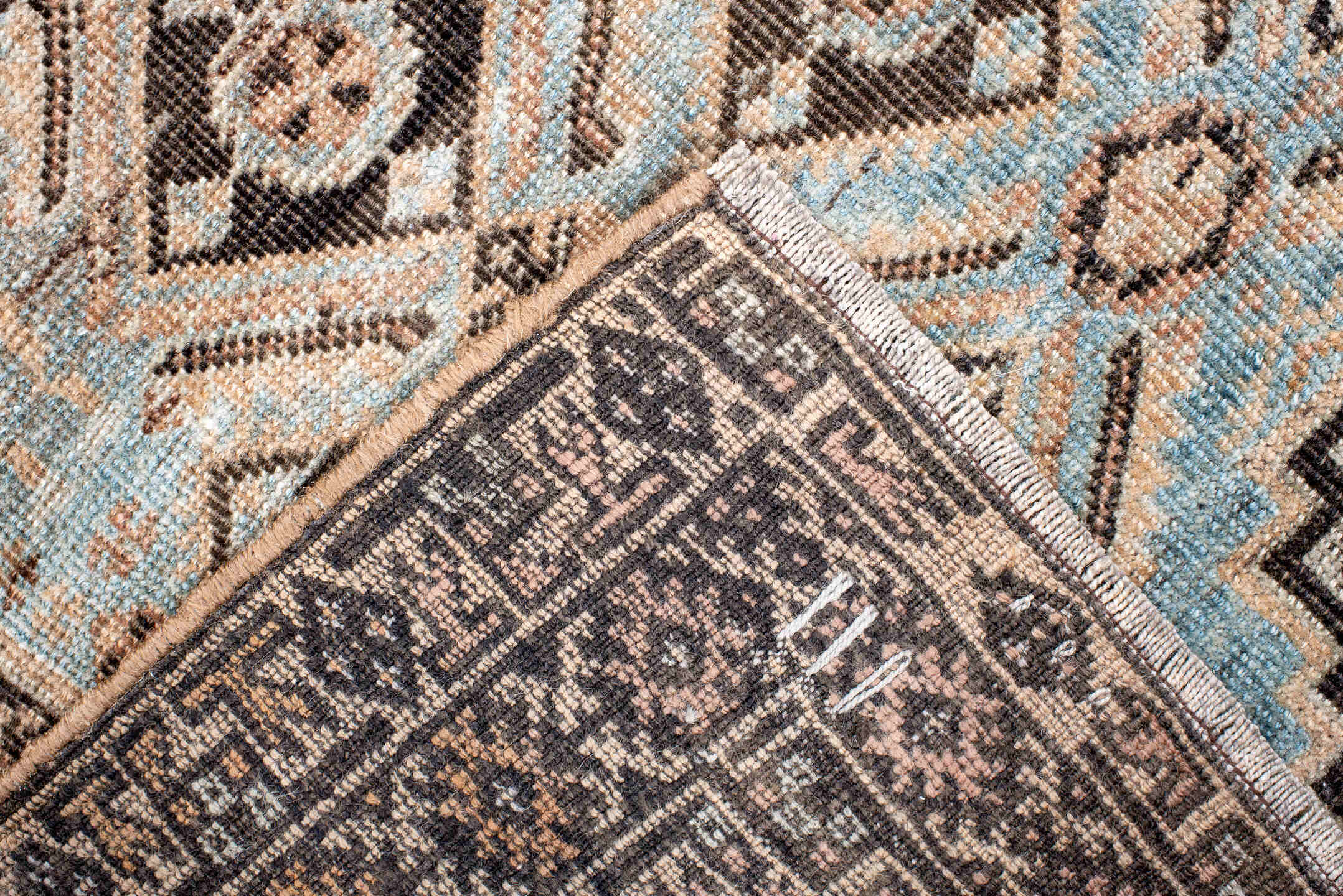 3' x 5' one-of-a-kind handmade antique Belouch small size rug. Color palette: sky blue, ivory, charcoal, taupe, camel, brown