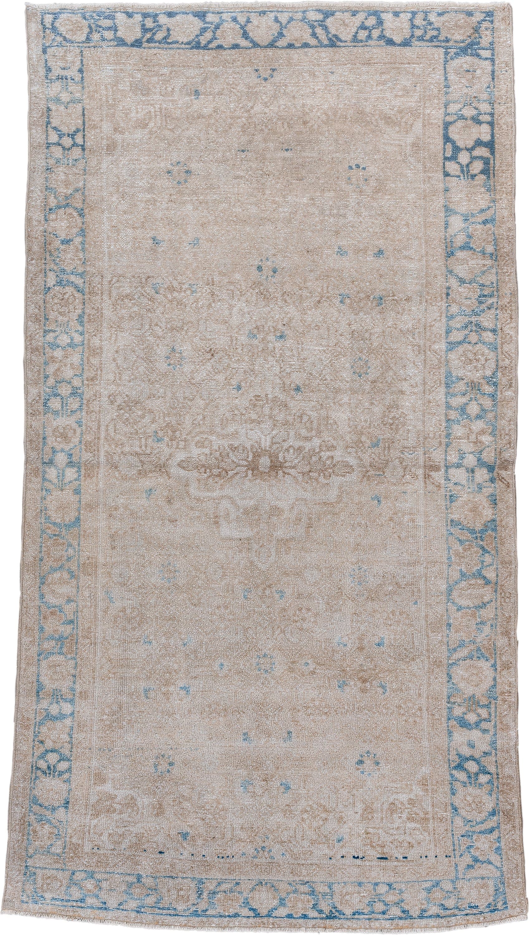 3' x 6' one-of-a-kind handmade vintage Hamadan small size rug. Color palette: beige, ivory, pale blue, taupe, cream