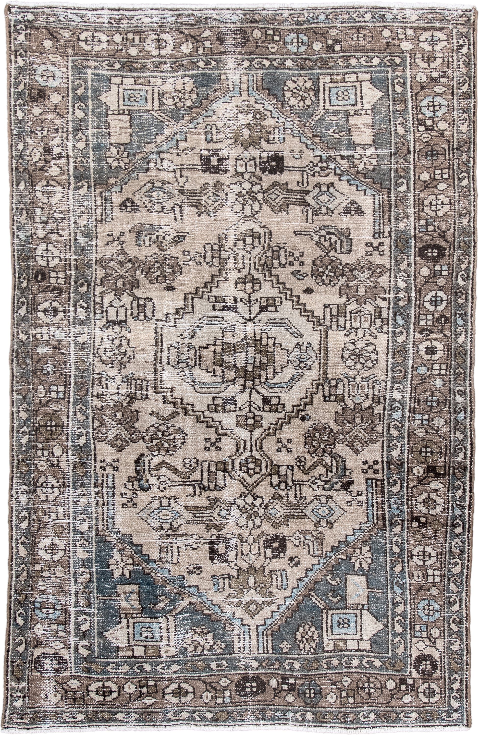 4' x 6' one-of-a-kind handmade antique Hamadan small size rug. Color palette: ivory, taupe, brown, slate, charcoal