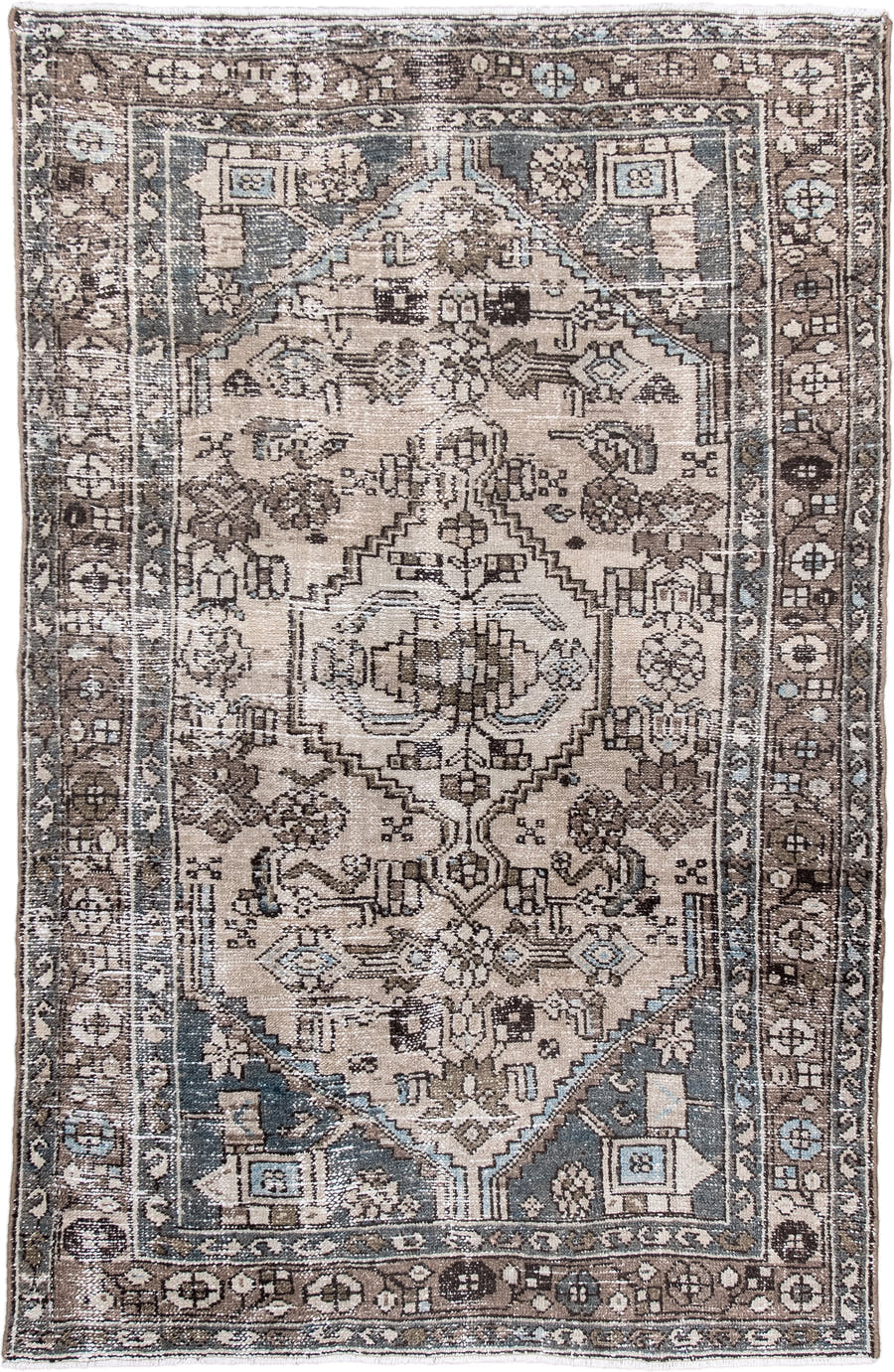 4' x 6' one-of-a-kind handmade antique Hamadan small size rug. Color palette: ivory, taupe, brown, slate, charcoal