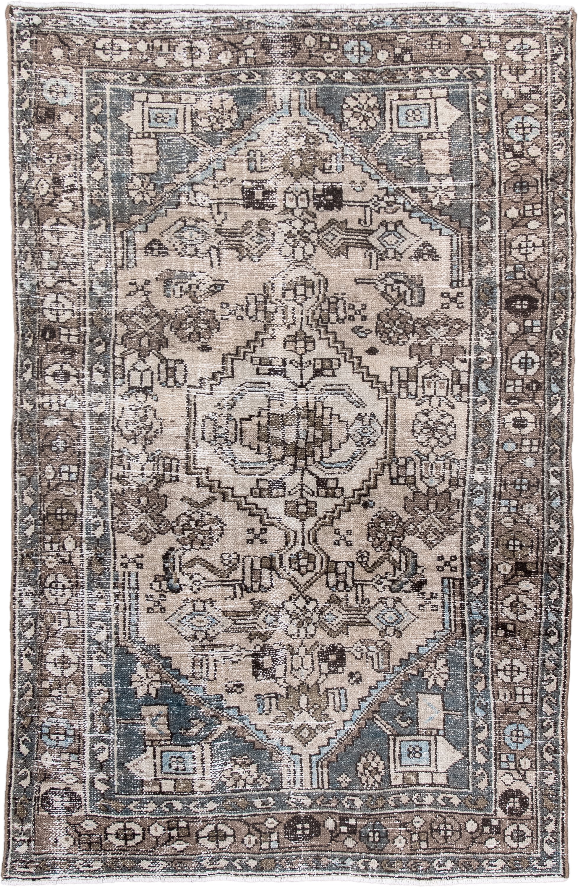 4' x 6' one-of-a-kind handmade antique Hamadan small size rug. Color palette: ivory, taupe, brown, slate, charcoal
