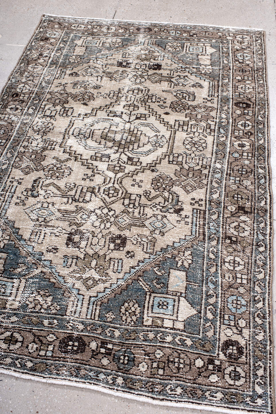 4' x 6' one-of-a-kind handmade antique Hamadan small size rug. Color palette: ivory, taupe, brown, slate, charcoal
