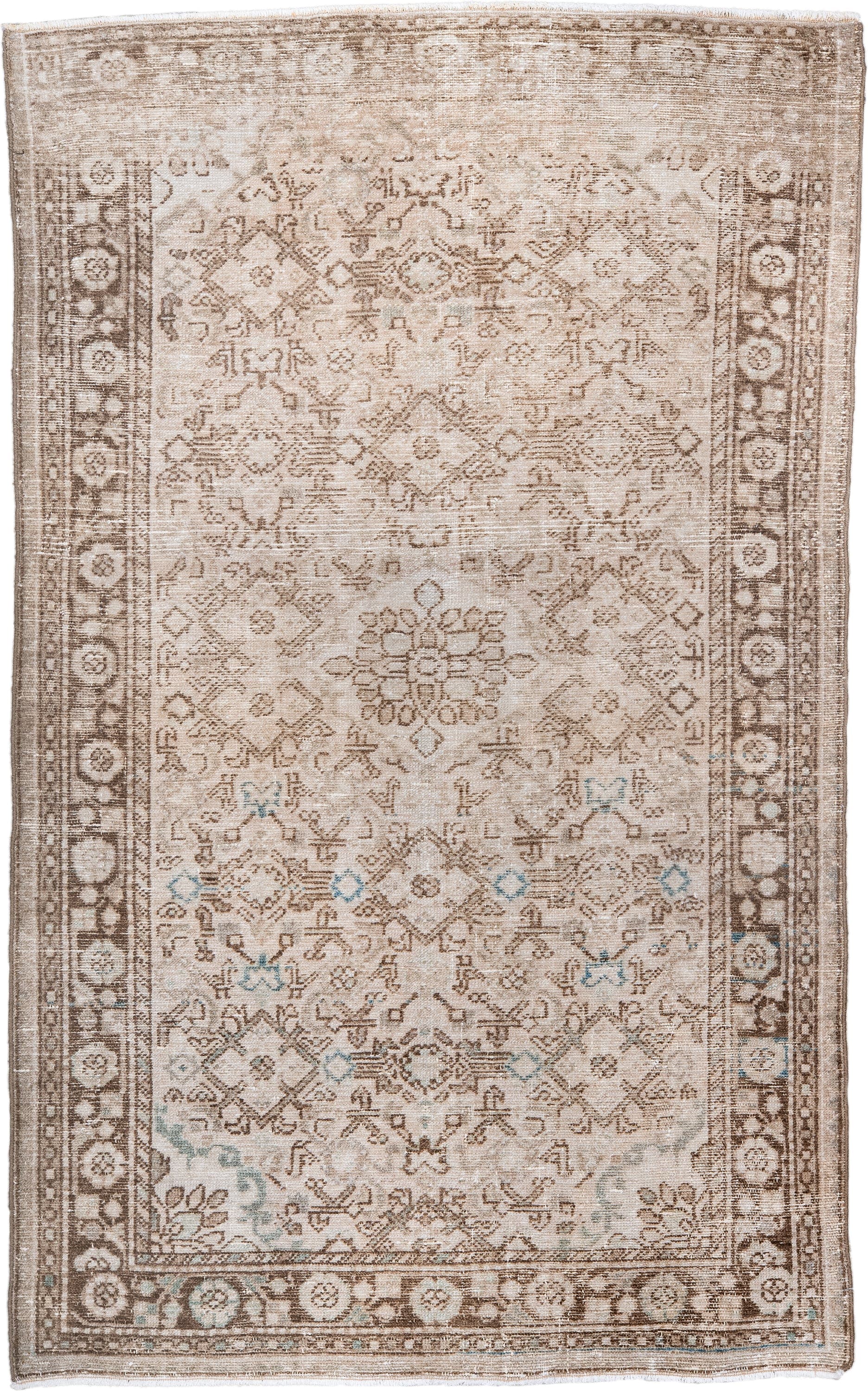 3' x 5' one-of-a-kind handmade antique Malayer small size rug. Color palette: ivory, taupe, camel, beige, pale_aqua, brown