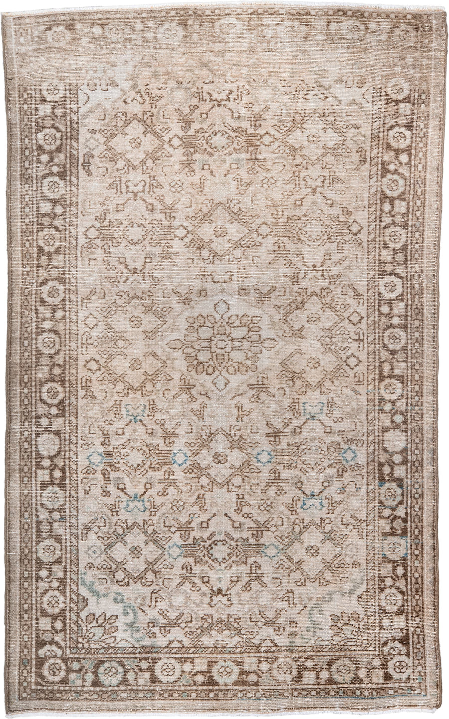 3' x 5' one-of-a-kind handmade antique Malayer small size rug. Color palette: ivory, taupe, camel, beige, pale_aqua, brown