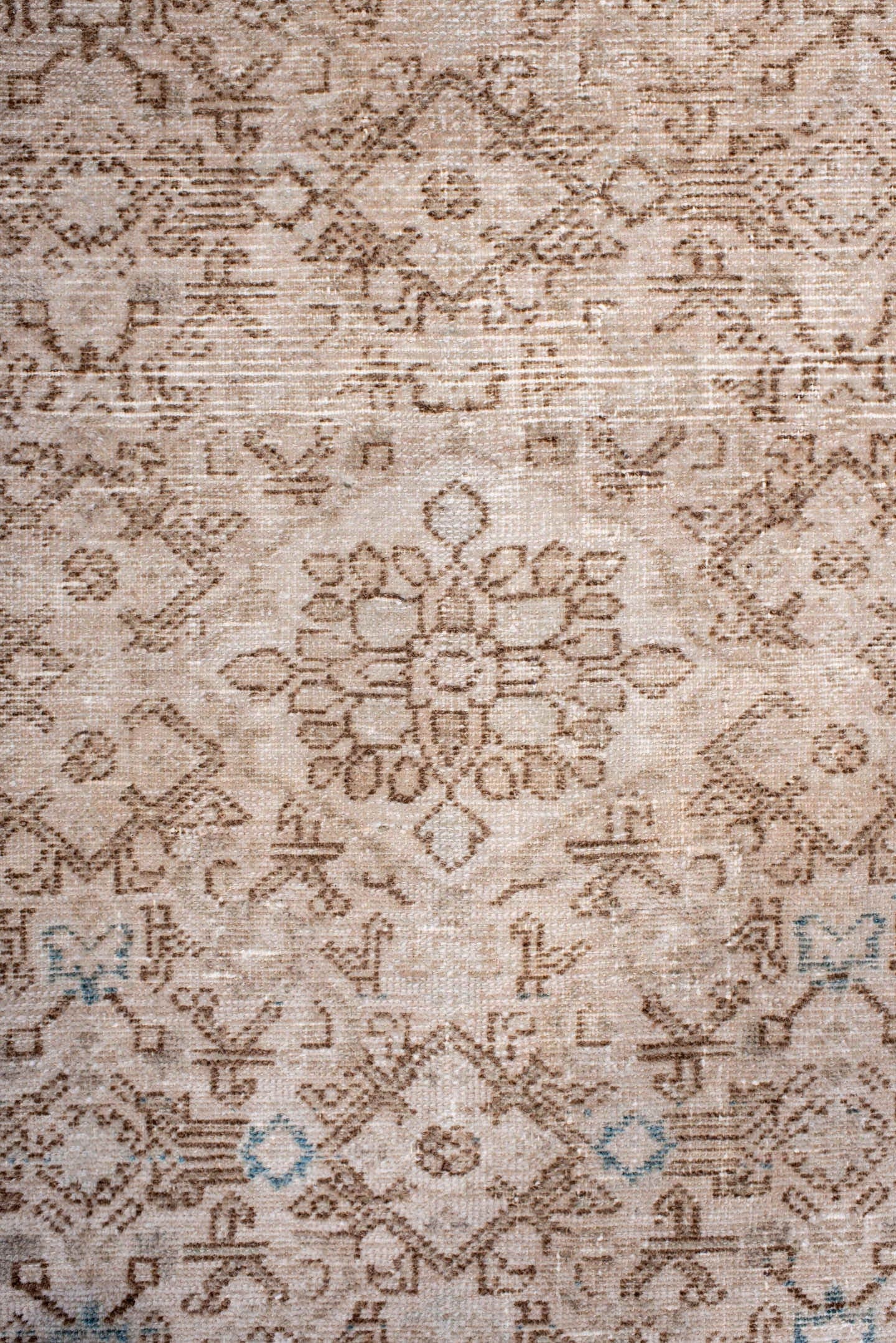 3' x 5' one-of-a-kind handmade antique Malayer small size rug. Color palette: ivory, taupe, camel, beige, pale_aqua, brown