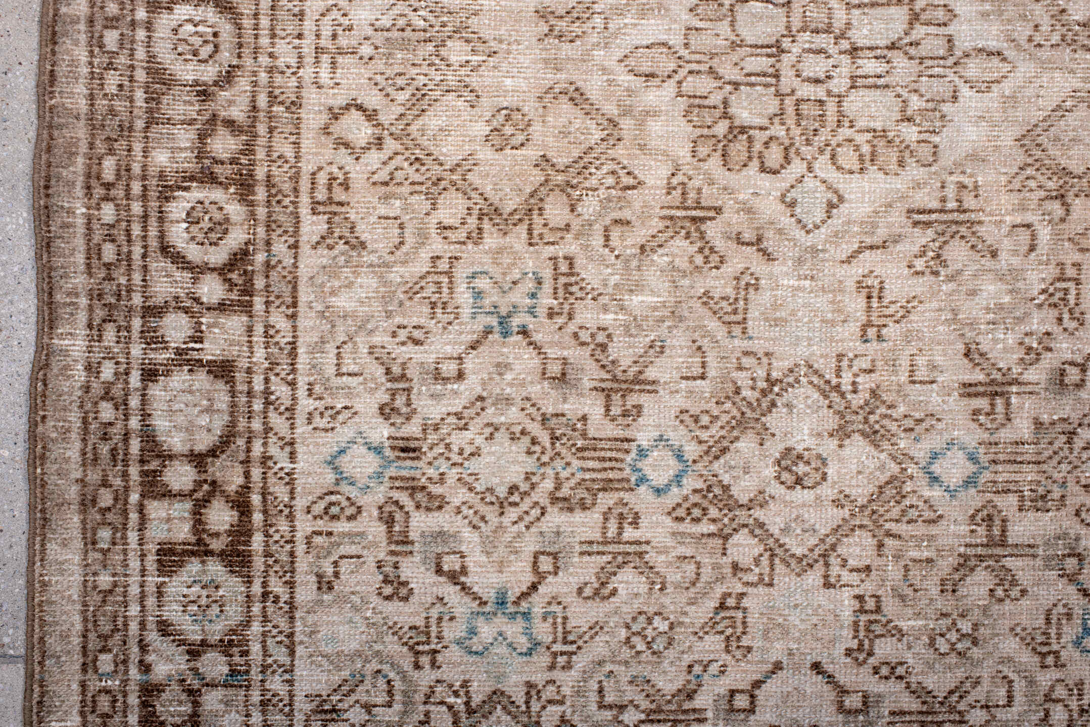 3' x 5' one-of-a-kind handmade antique Malayer small size rug. Color palette: ivory, taupe, camel, beige, pale_aqua, brown