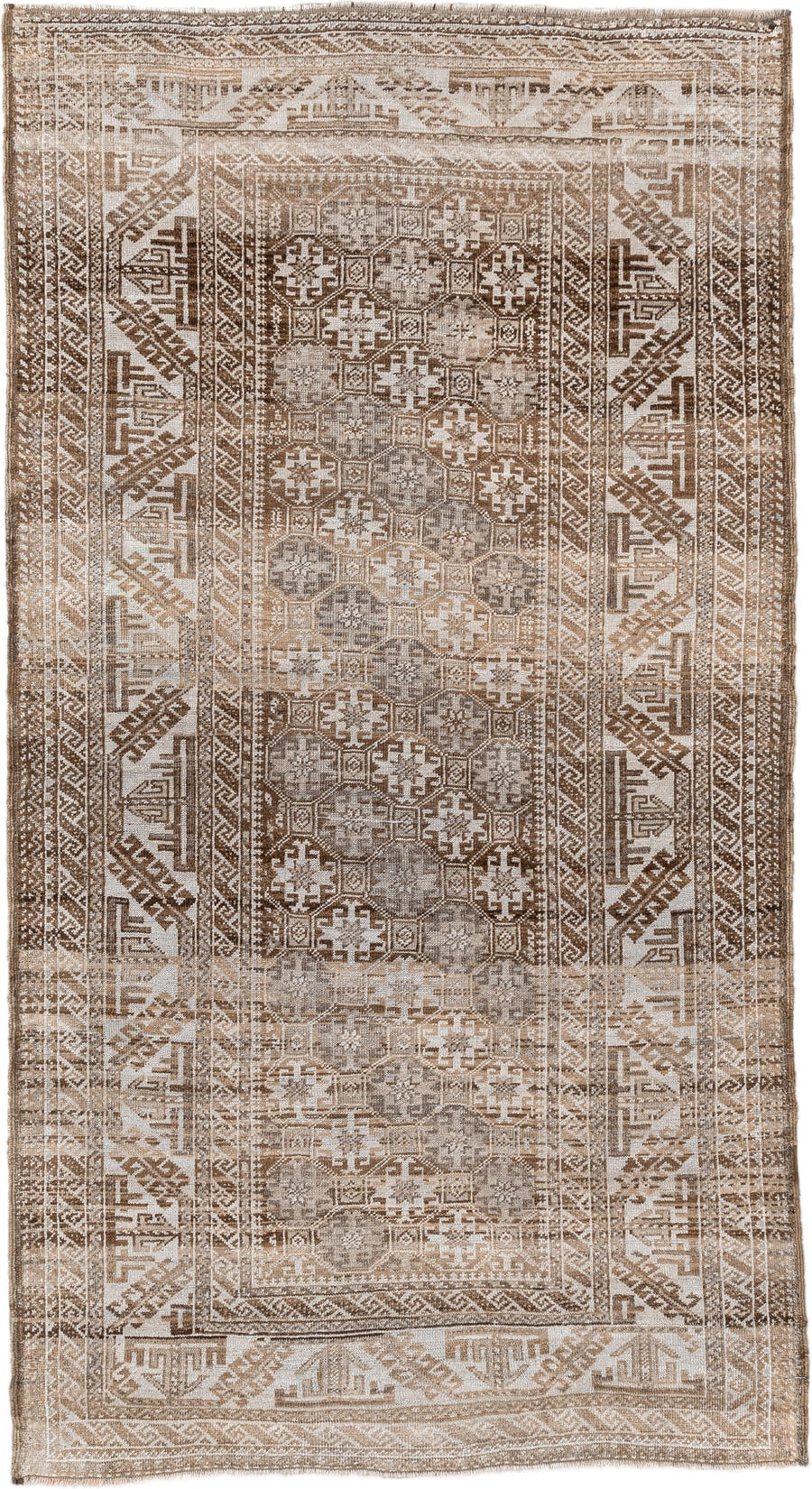 6' x 3' one-of-a-kind handmade antique Belouch rug. Color palette: camel, ivory, taupe, brown, sand, beige, gray