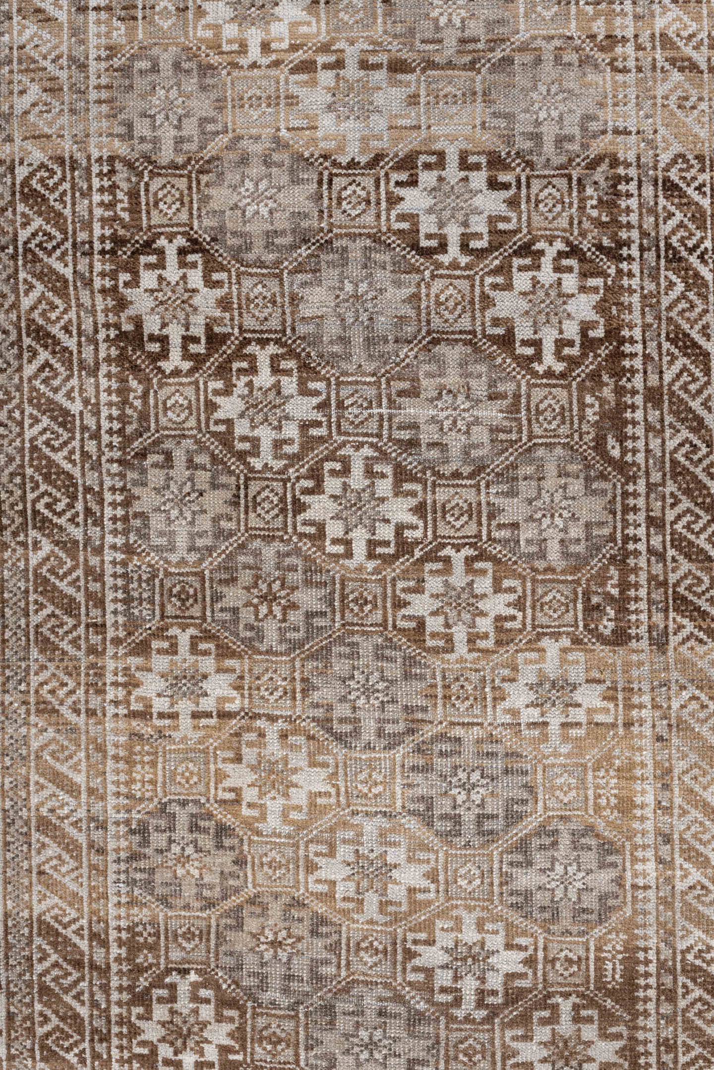 6' x 3' one-of-a-kind handmade antique Belouch rug. Color palette: camel, ivory, taupe, brown, sand, beige, gray