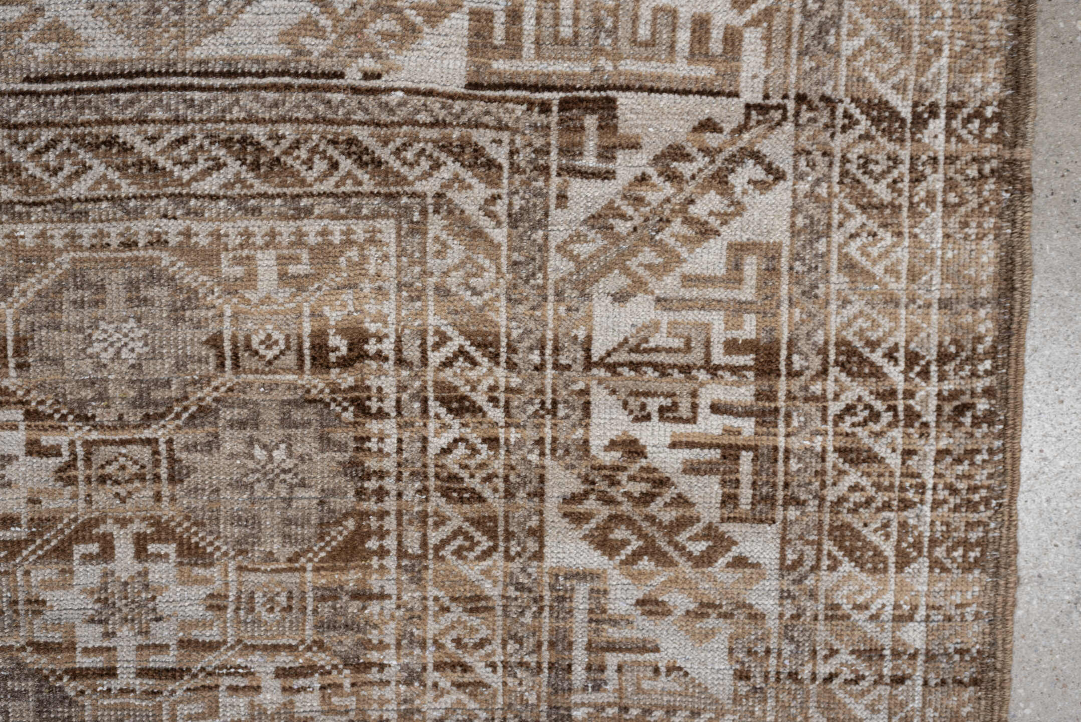 6' x 3' one-of-a-kind handmade antique Belouch rug. Color palette: camel, ivory, taupe, brown, sand, beige, gray