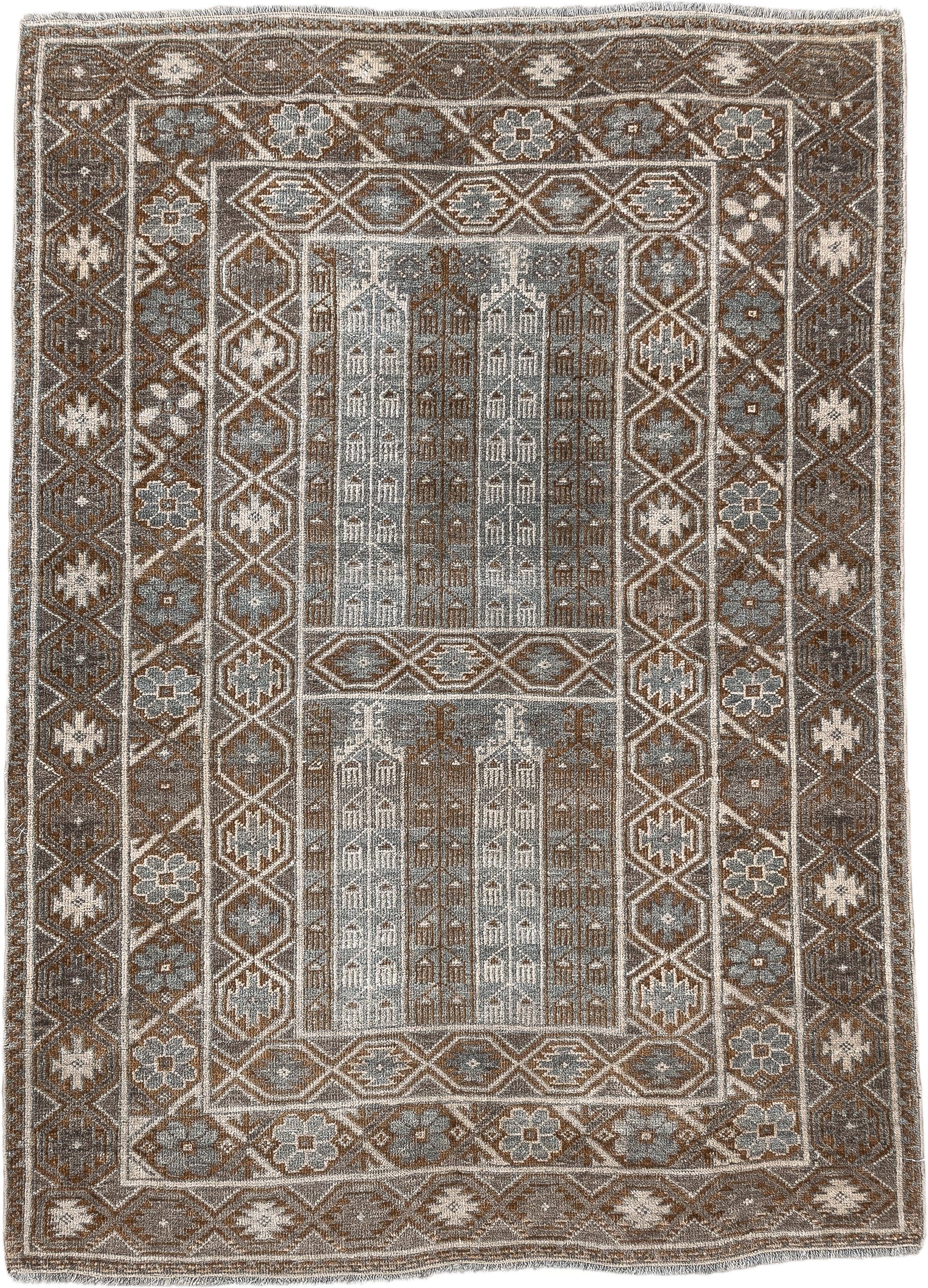 3' x 4' one-of-a-kind handmade antique Belouch small size rug. Color palette: camel, taupe, ivory, brown, gray, blue gray