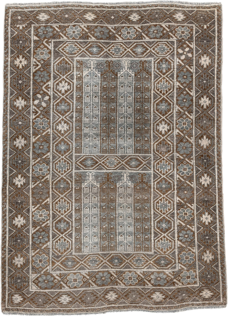 3' x 4' one-of-a-kind handmade antique Belouch small size rug. Color palette: camel, taupe, ivory, brown, gray, blue gray
