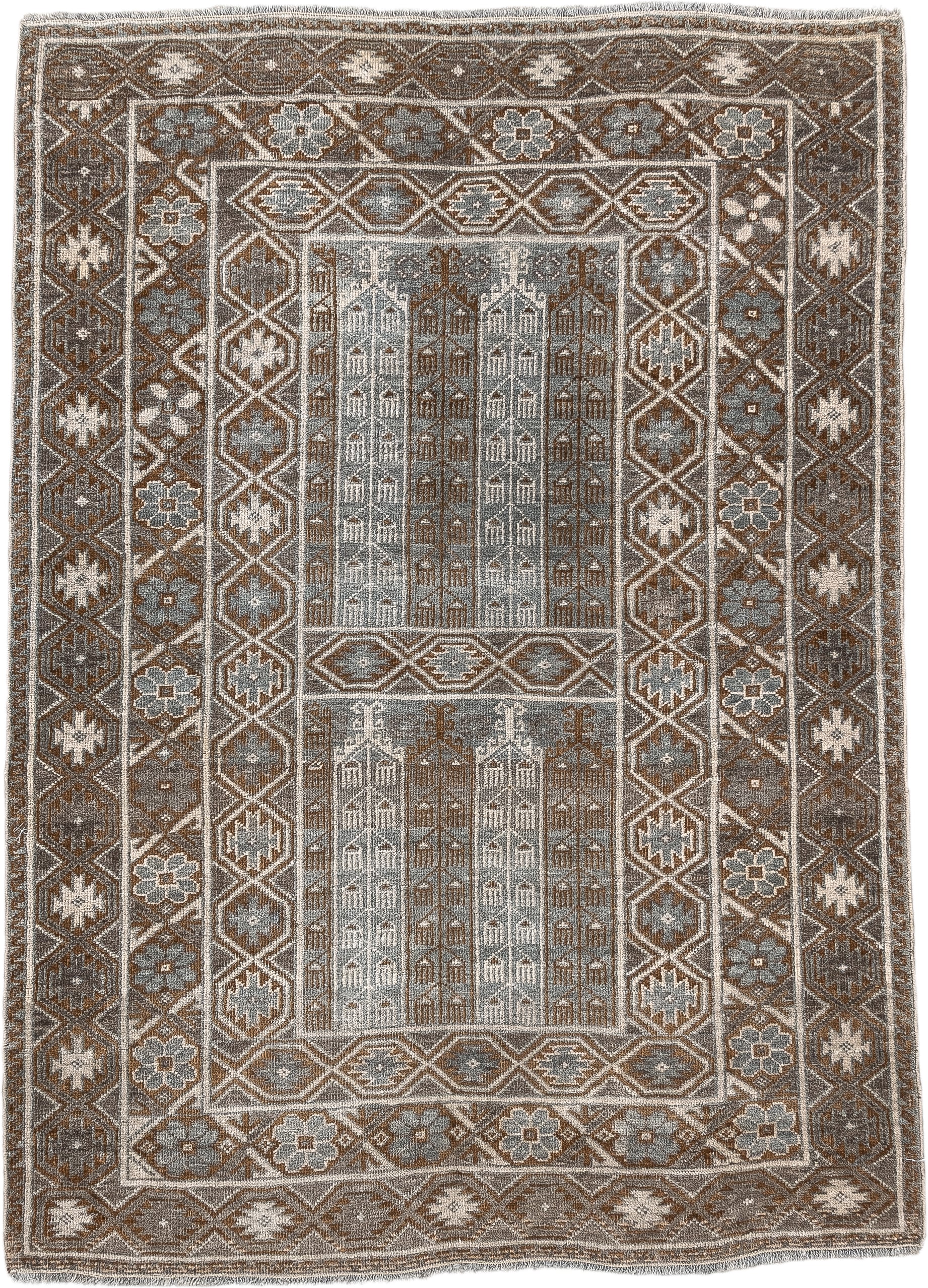 3' x 4' one-of-a-kind handmade antique Belouch small size rug. Color palette: camel, taupe, ivory, brown, gray, blue gray