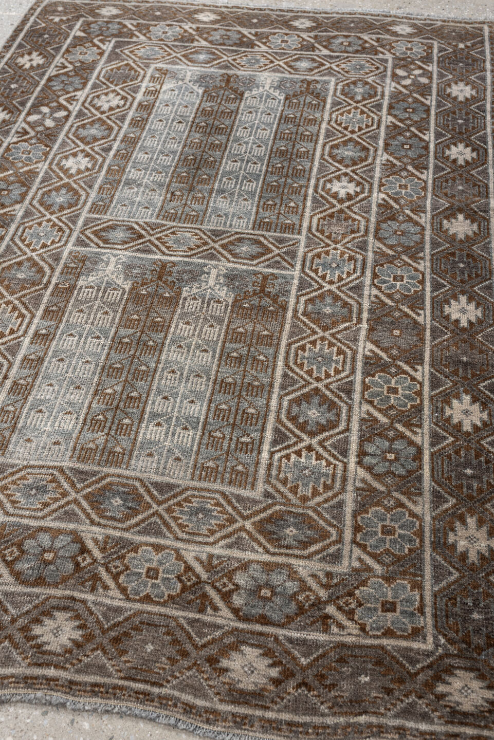 3' x 4' one-of-a-kind handmade antique Belouch small size rug. Color palette: camel, taupe, ivory, brown, gray, blue gray