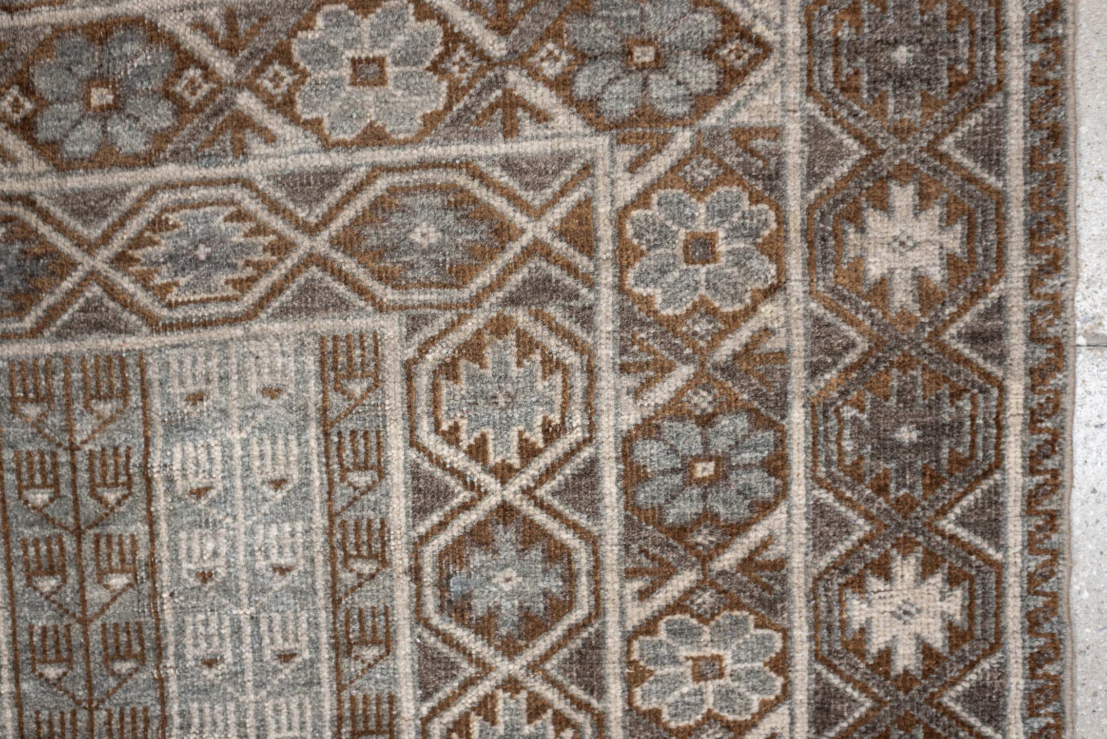3' x 4' one-of-a-kind handmade antique Belouch small size rug. Color palette: camel, taupe, ivory, brown, gray, blue gray