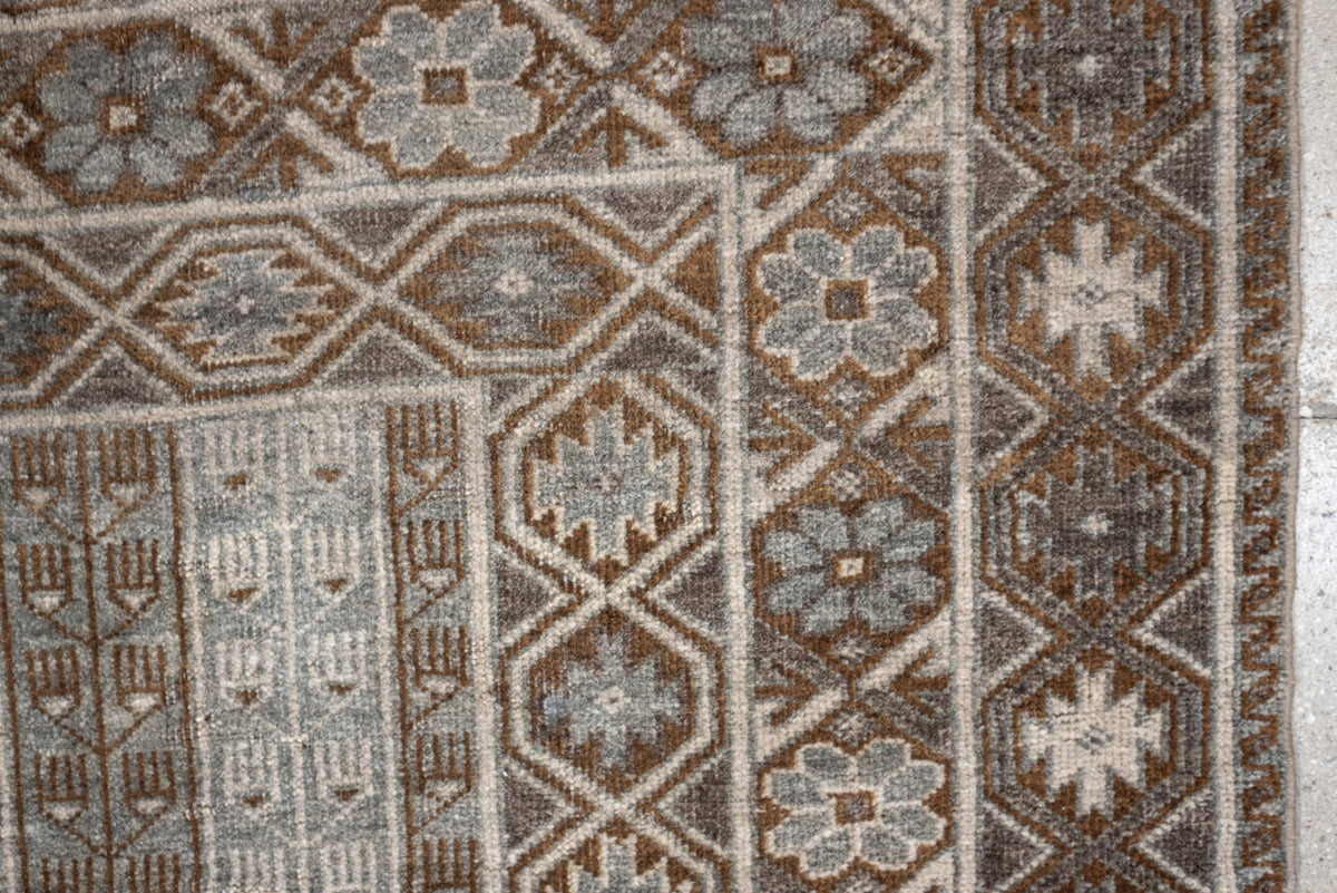 3' x 4' one-of-a-kind handmade antique Belouch small size rug. Color palette: camel, taupe, ivory, brown, gray, blue gray