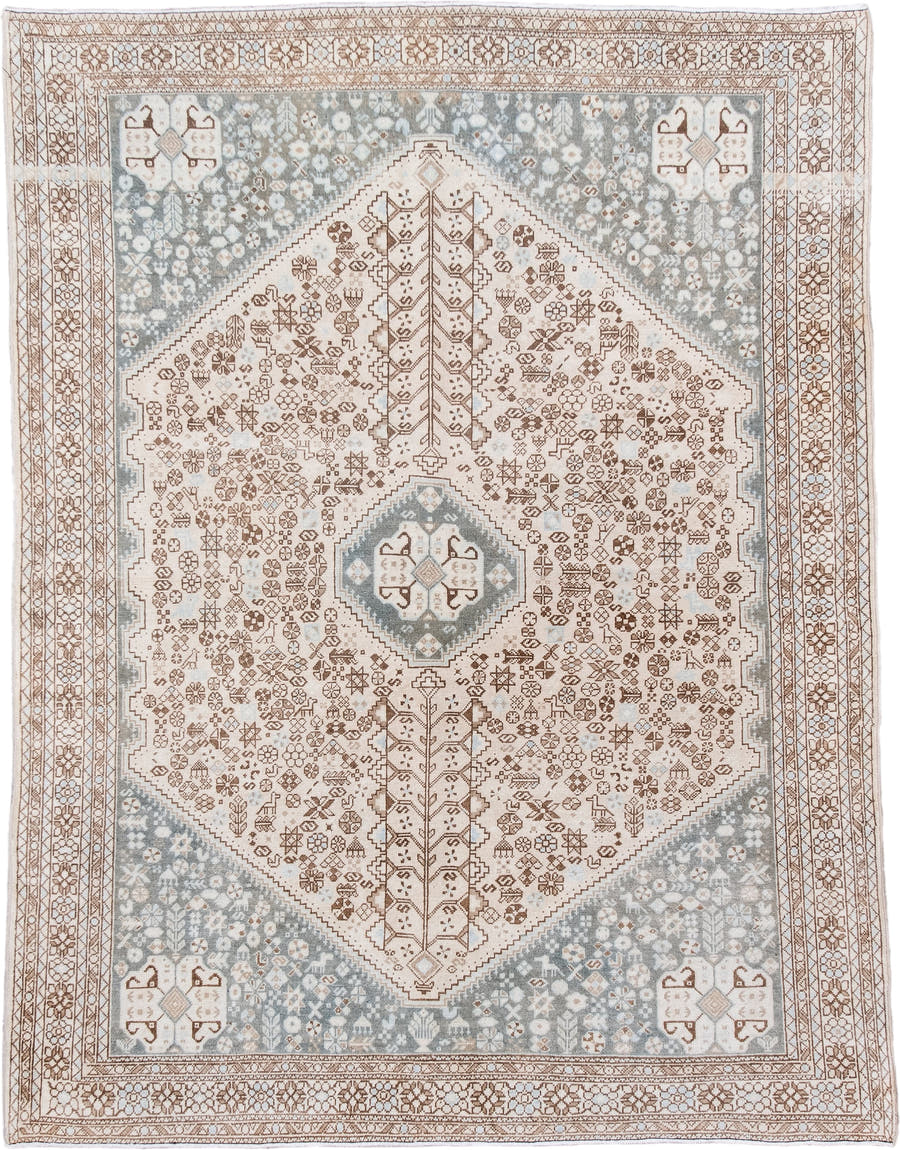 4' x 6' one-of-a-kind handmade antique Joshegan small size rug. Color palette: ivory, taupe, pale blue, camel, light gray