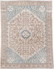 4' x 6' one-of-a-kind handmade antique Joshegan small size rug. Color palette: ivory, taupe, pale blue, camel, light gray