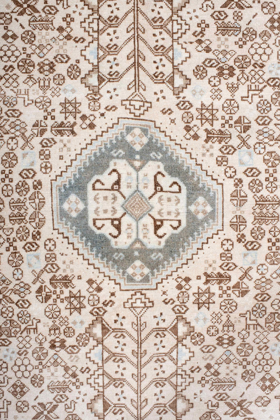 4' x 6' one-of-a-kind handmade antique Joshegan small size rug. Color palette: ivory, taupe, pale blue, camel, light gray