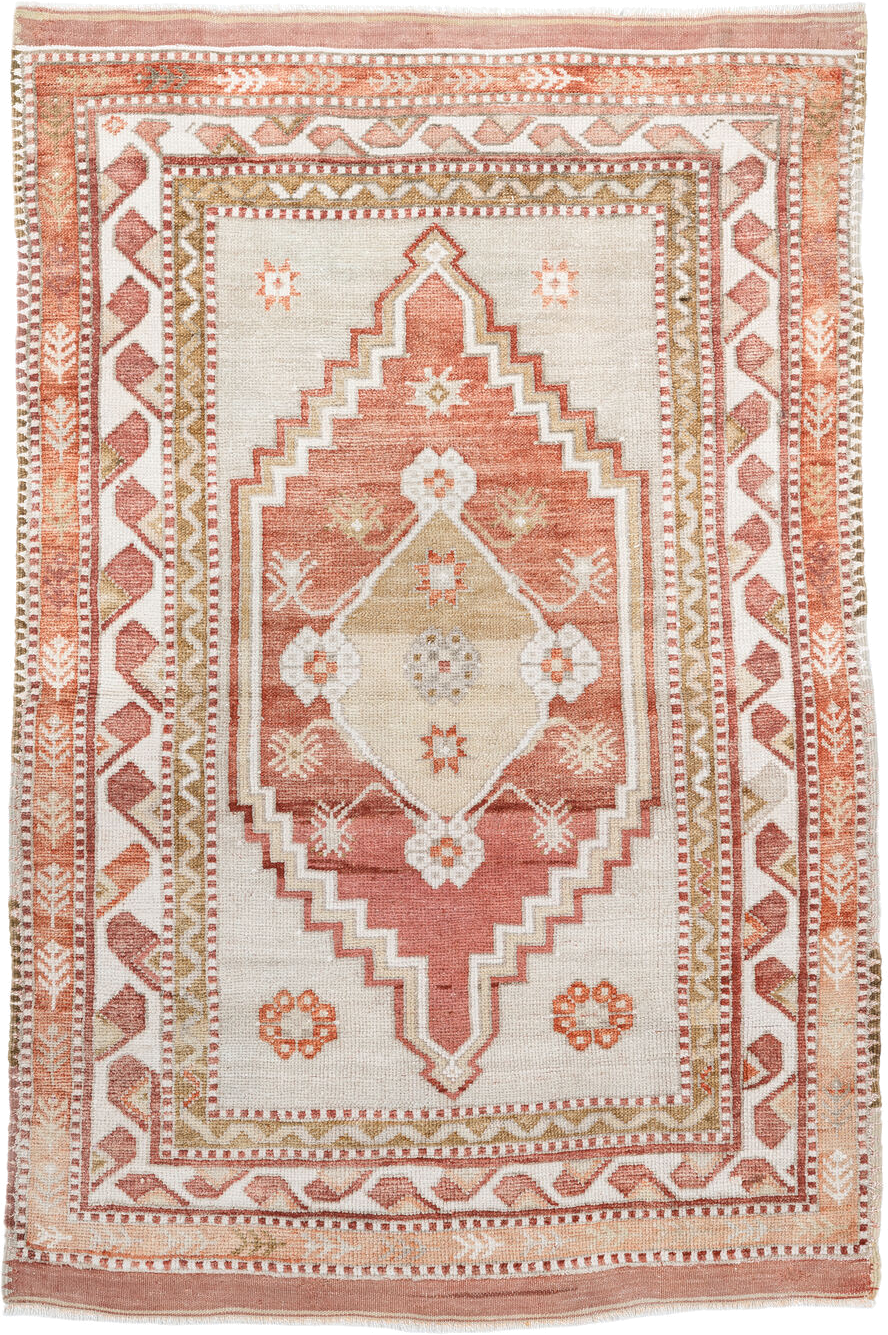 3' x 4' one-of-a-kind handmade antique Anatolian small size rug. Color palette: ivory, coral, salmon, muted gold, tan, rust