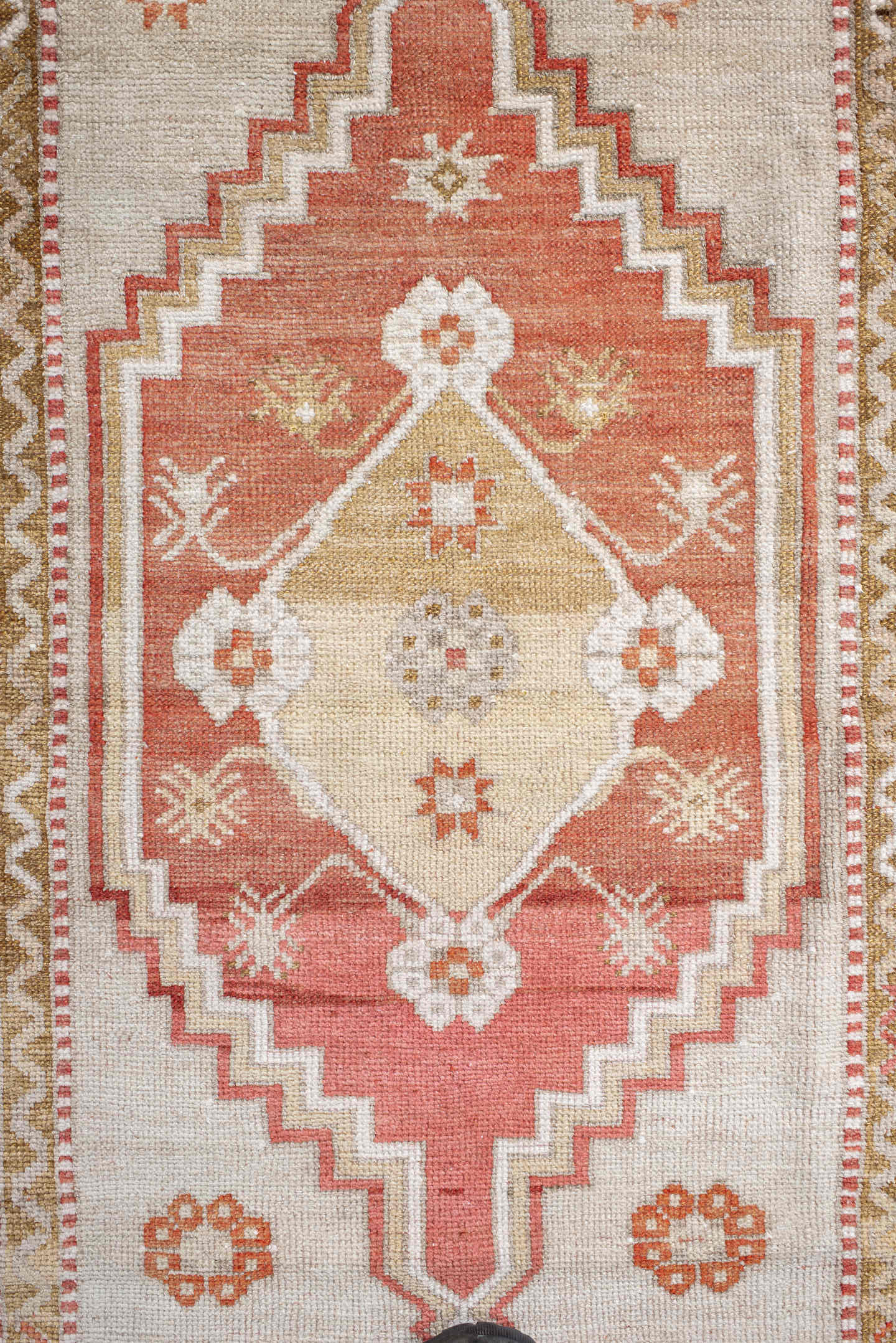 3' x 4' one-of-a-kind handmade antique Anatolian small size rug. Color palette: ivory, coral, salmon, muted gold, tan, rust