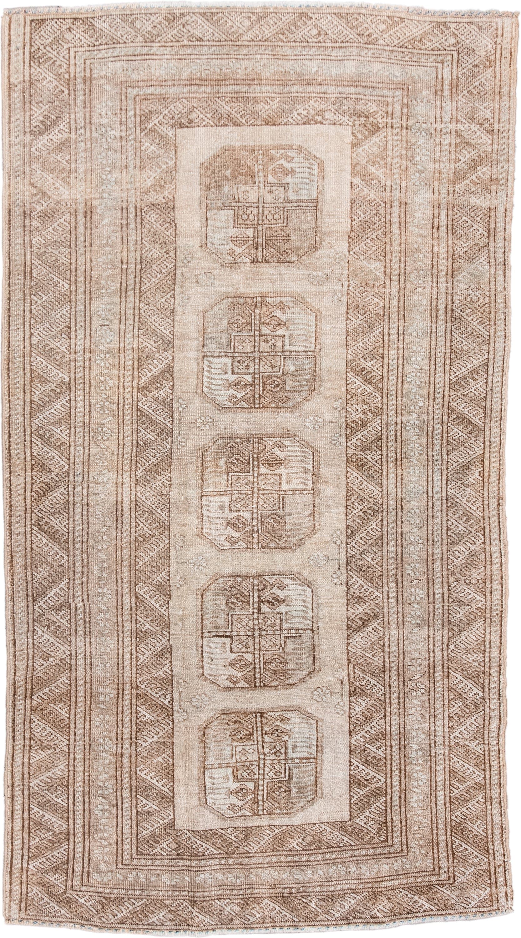 3' x 6' one-of-a-kind handmade antique Afghan small size rug. Color palette: camel, ivory, taupe, beige, sand, gray