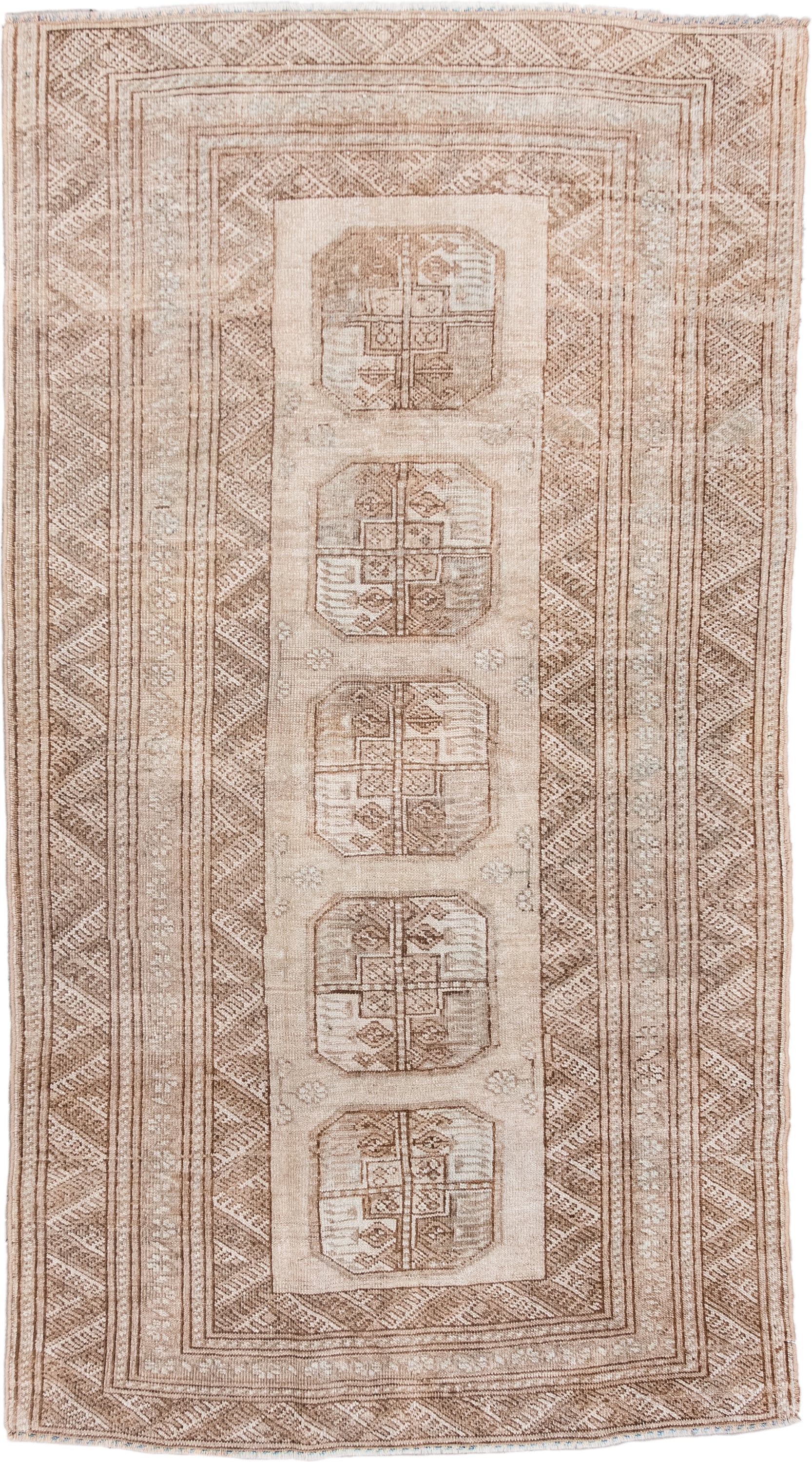 3' x 6' one-of-a-kind handmade antique Afghan small size rug. Color palette: camel, ivory, taupe, beige, sand, gray