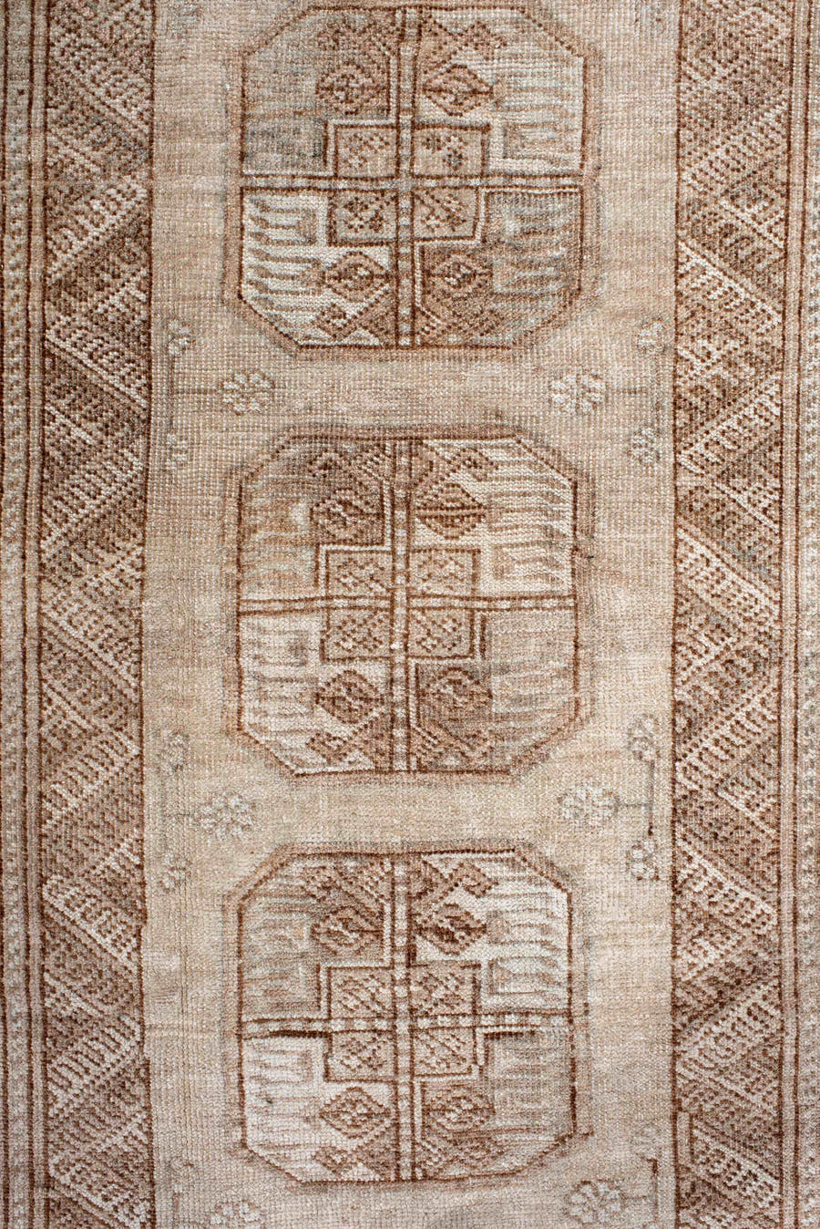 3' x 6' one-of-a-kind handmade antique Afghan small size rug. Color palette: camel, ivory, taupe, beige, sand, gray