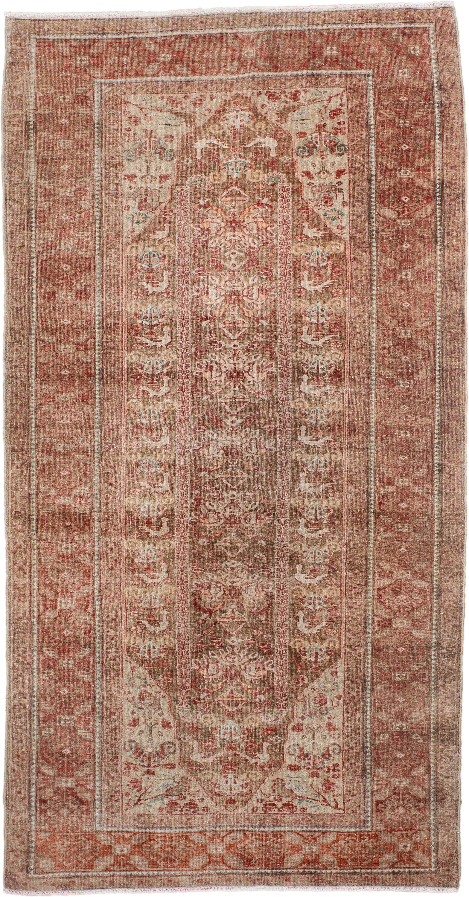 2' x 5' one-of-a-kind handmade antique Belouch small size rug. Color palette: rust, ivory, taupe, rose, sage, brown