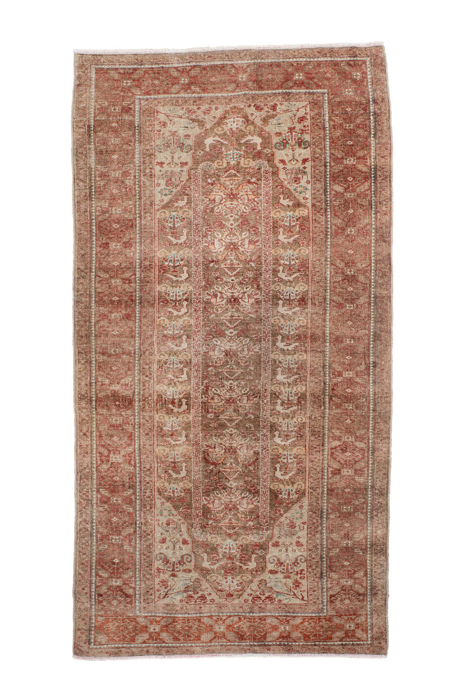 2' x 5' one-of-a-kind handmade antique Belouch small size rug. Color palette: rust, ivory, taupe, rose, sage, brown
