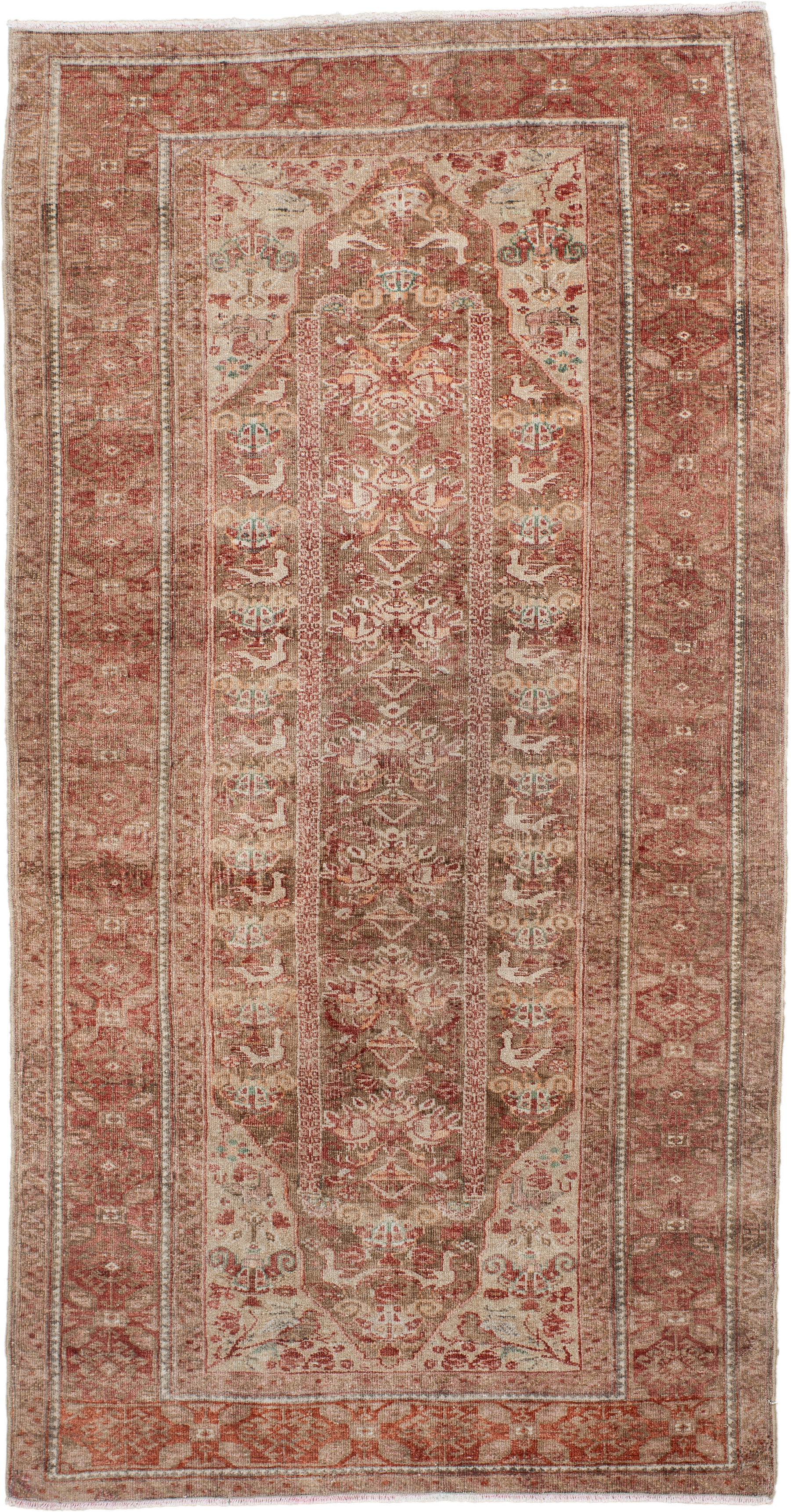 2' x 5' one-of-a-kind handmade antique Belouch small size rug. Color palette: rust, ivory, taupe, rose, sage, brown