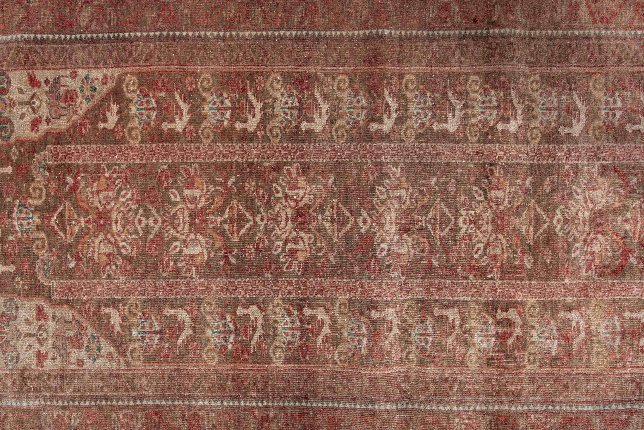 2' x 5' one-of-a-kind handmade antique Belouch small size rug. Color palette: rust, ivory, taupe, rose, sage, brown