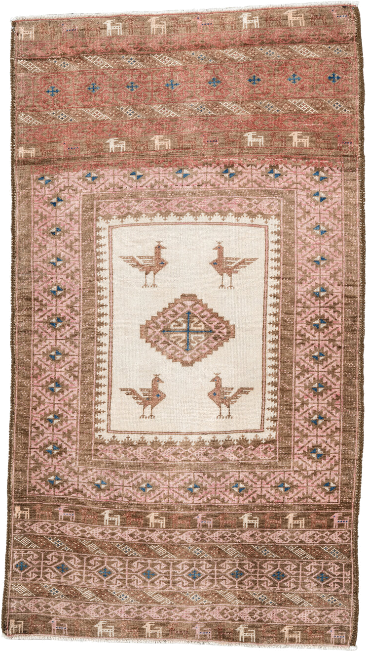 2' x 4' one-of-a-kind handmade antique Belouch small size rug. Color palette: brown, rose, ivory, taupe, blue, camel, pink