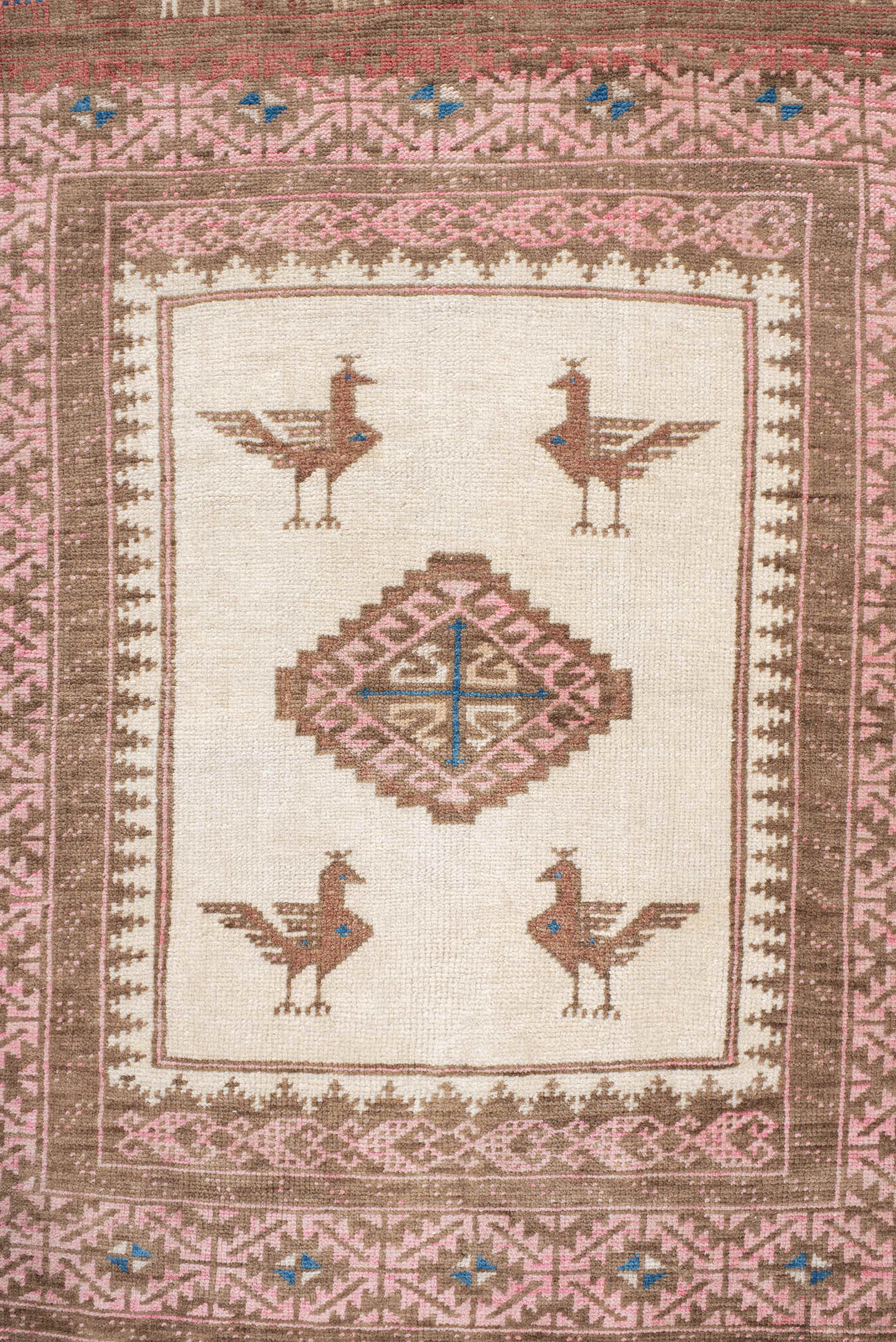 2' x 4' one-of-a-kind handmade antique Belouch small size rug. Color palette: brown, rose, ivory, taupe, blue, camel, pink
