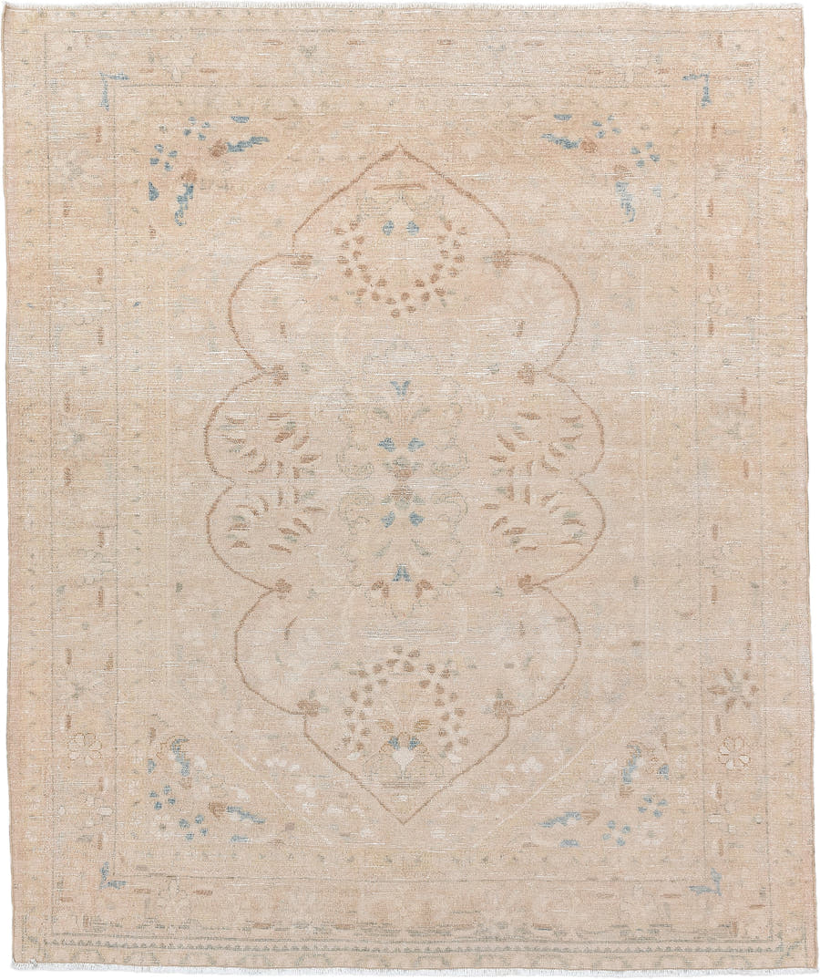 5' x 6' one-of-a-kind handmade antique Malayer rug. Color palette: ivory, beige, pale blue, taupe, cream, light brown