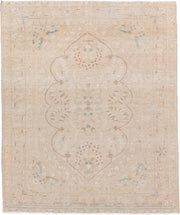 5' x 6' one-of-a-kind handmade antique Malayer rug. Color palette: ivory, beige, pale blue, taupe, cream, light brown
