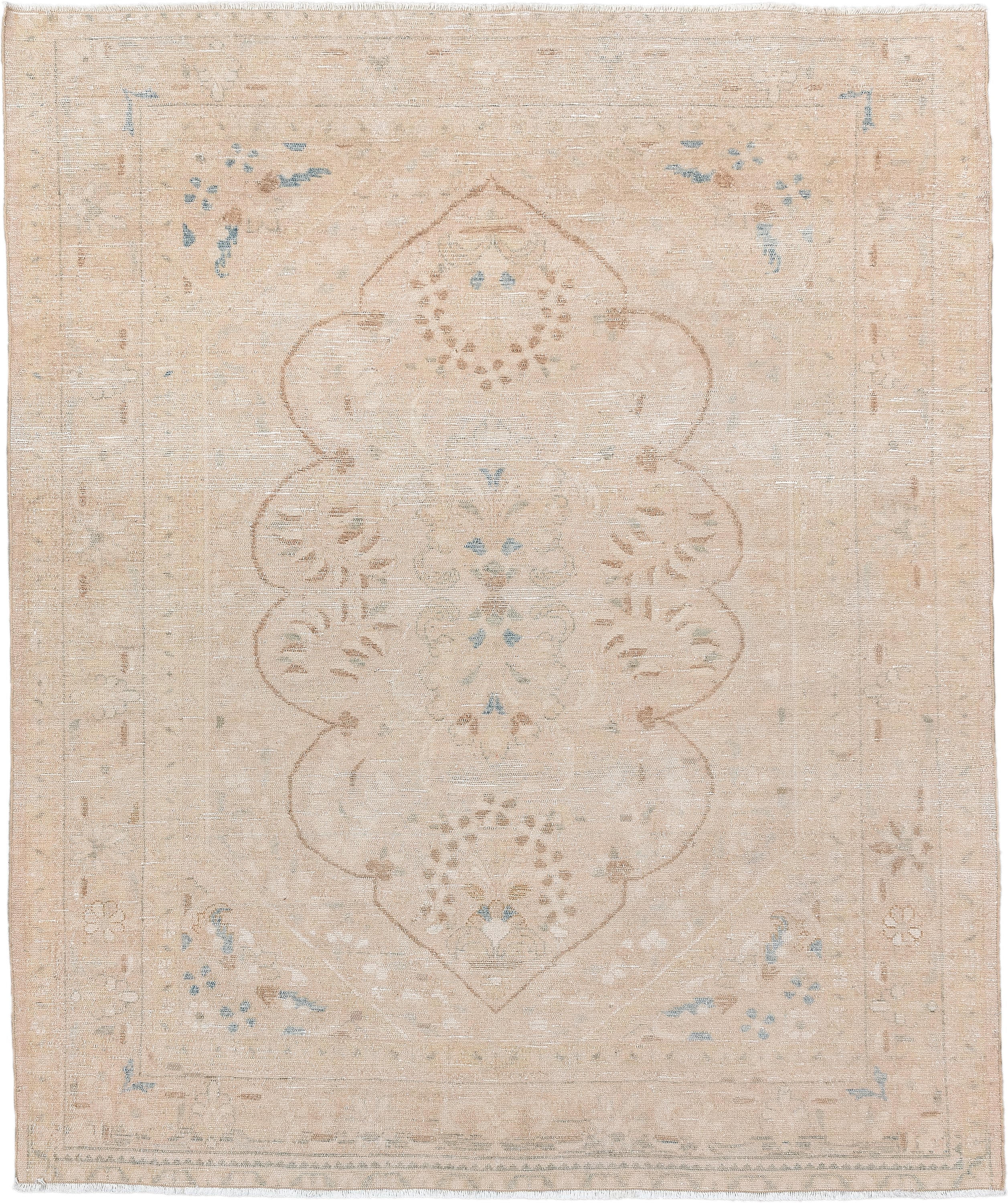 5' x 6' one-of-a-kind handmade antique Malayer rug. Color palette: ivory, beige, pale blue, taupe, cream, light brown