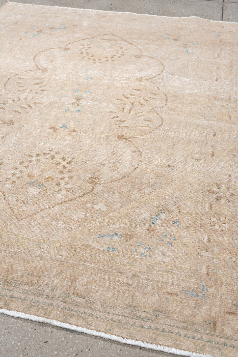 5' x 6' one-of-a-kind handmade antique Malayer rug. Color palette: ivory, beige, pale blue, taupe, cream, light brown