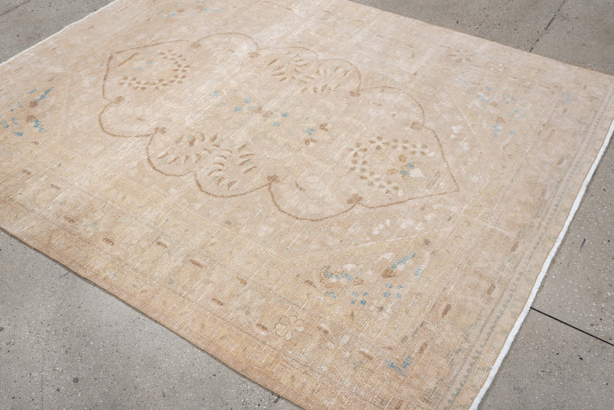 5' x 6' one-of-a-kind handmade antique Malayer rug. Color palette: ivory, beige, pale blue, taupe, cream, light brown