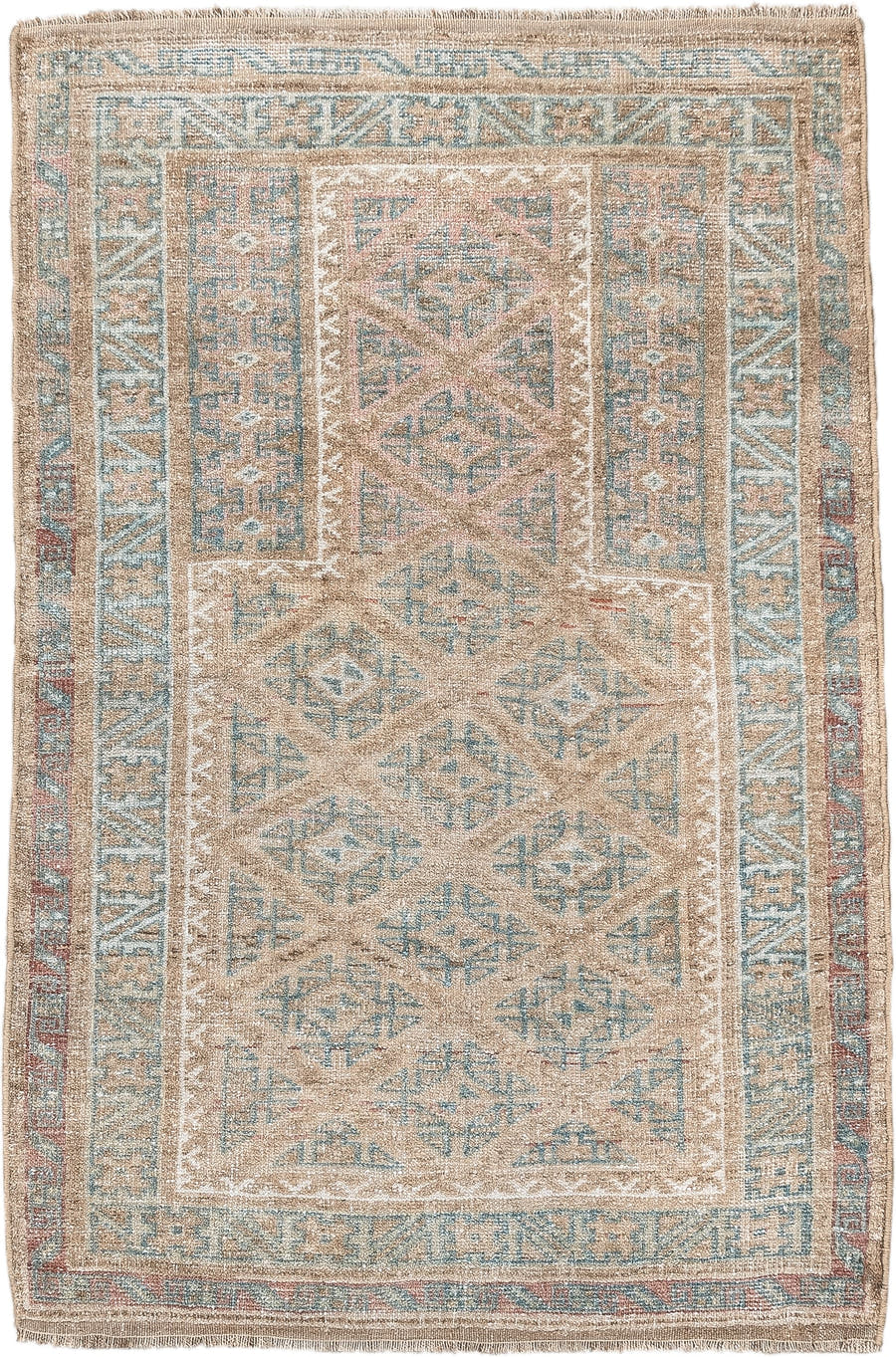 2' x 4' one-of-a-kind handmade antique Belouch small size rug. Color palette: camel, ivory, faded teal, taupe, muted rust