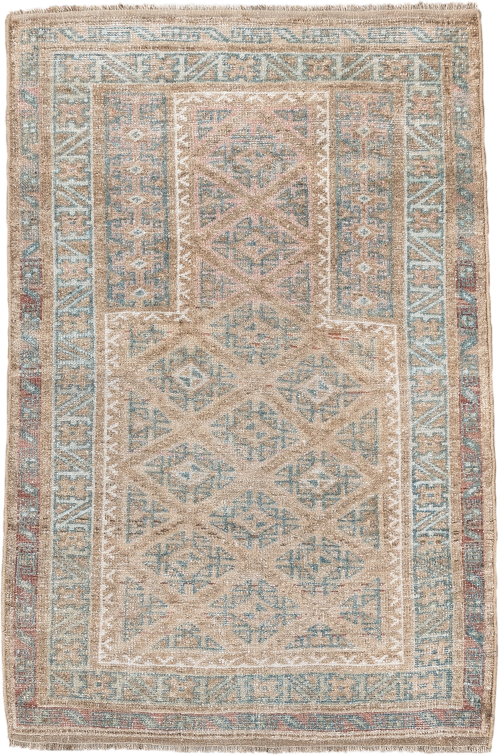 2' x 4' one-of-a-kind handmade antique Belouch small size rug. Color palette: camel, ivory, faded teal, taupe, muted rust