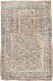 2' x 4' one-of-a-kind handmade antique Belouch small size rug. Color palette: camel, ivory, faded teal, taupe, muted rust