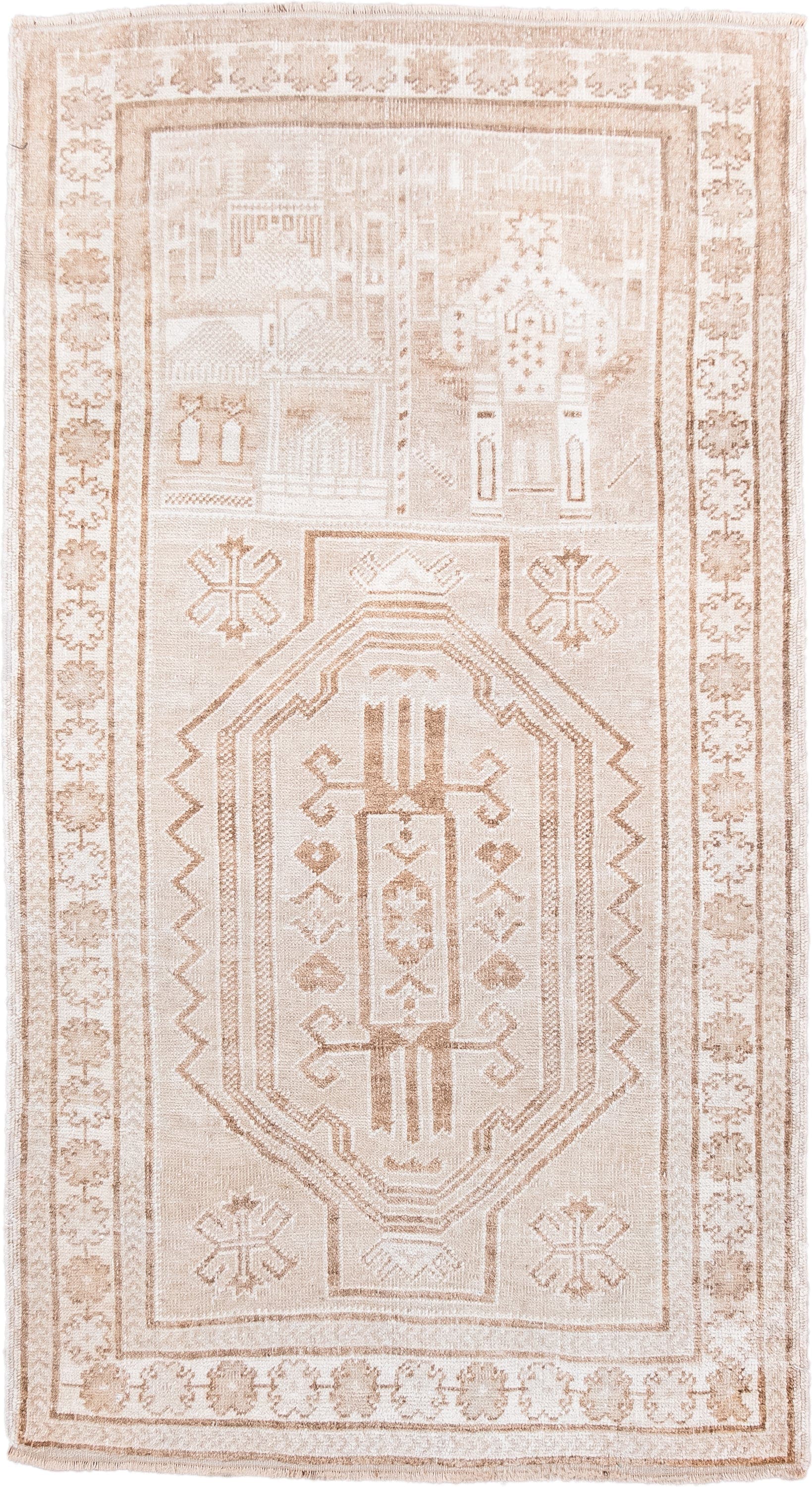 2' x 4' one-of-a-kind handmade antique Belouch small size rug. Color palette: ivory, beige, taupe, camel, sand, gray