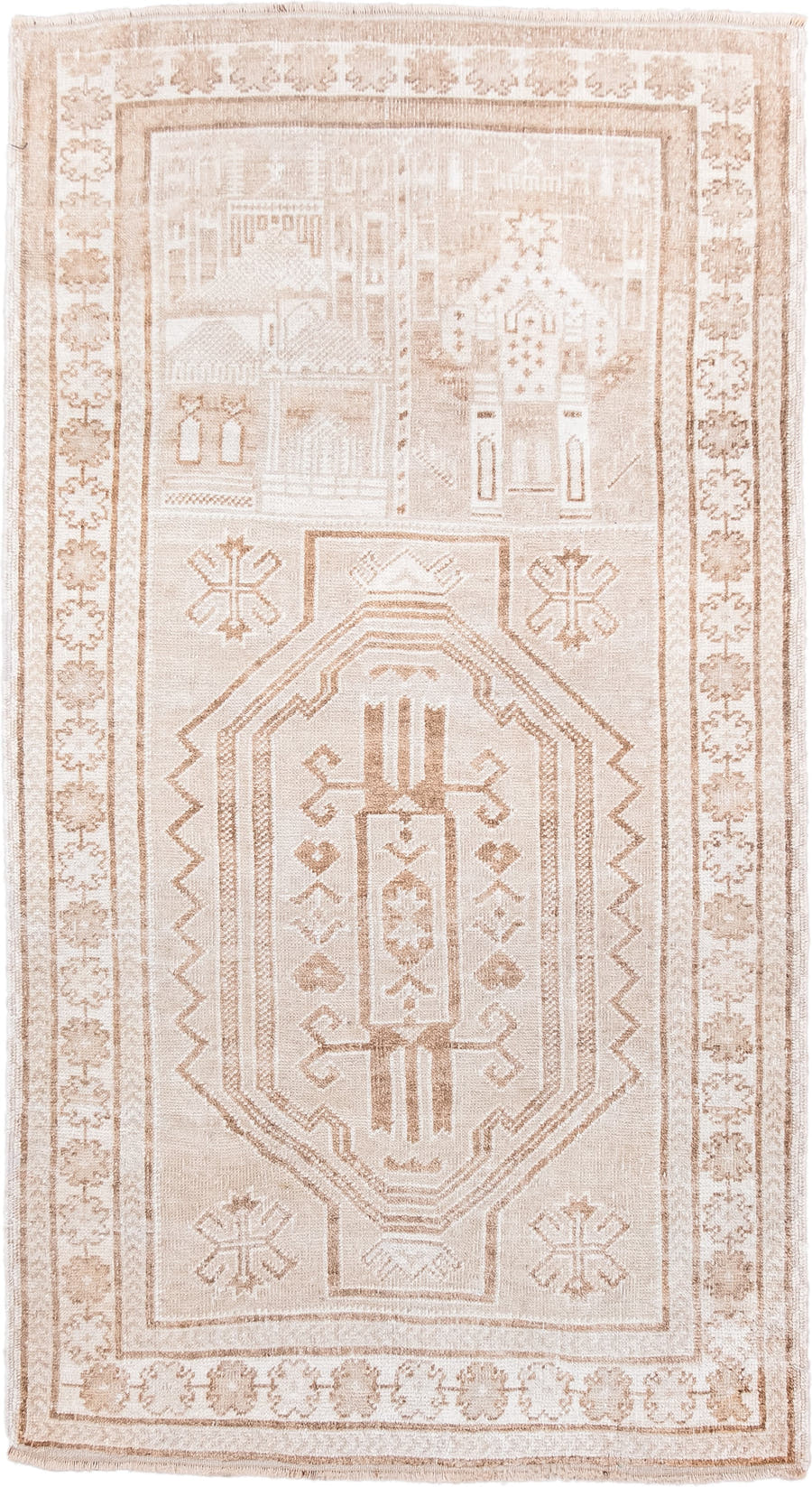 2' x 4' one-of-a-kind handmade antique Belouch small size rug. Color palette: ivory, beige, taupe, camel, sand, gray