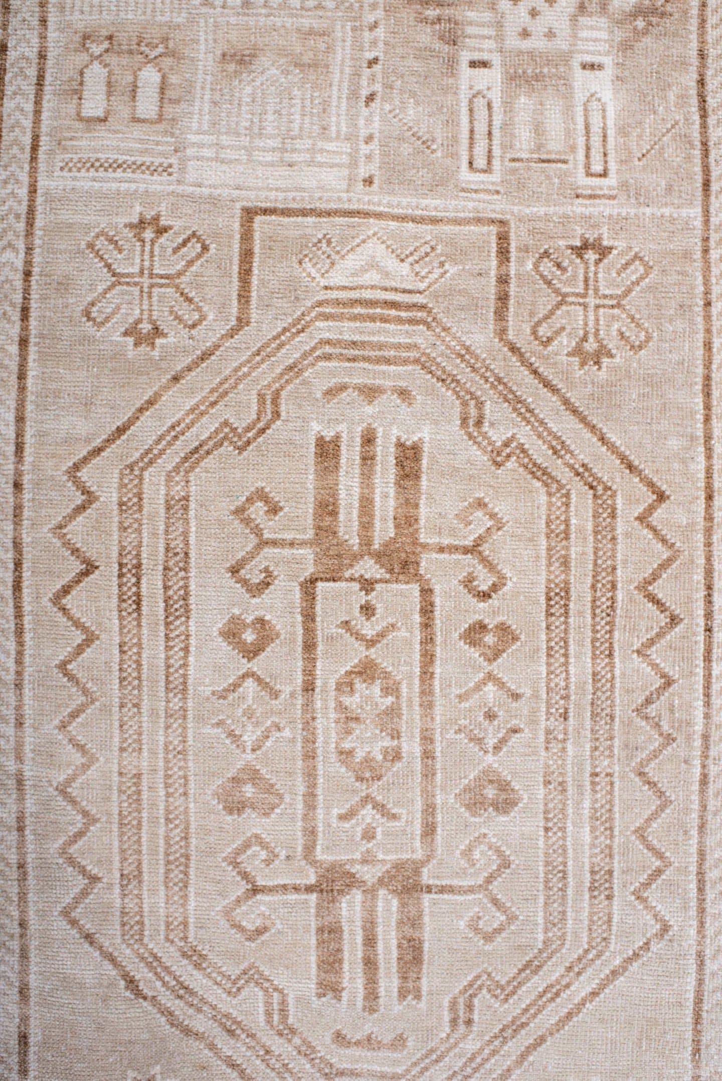 2' x 4' one-of-a-kind handmade antique Belouch small size rug. Color palette: ivory, beige, taupe, camel, sand, gray