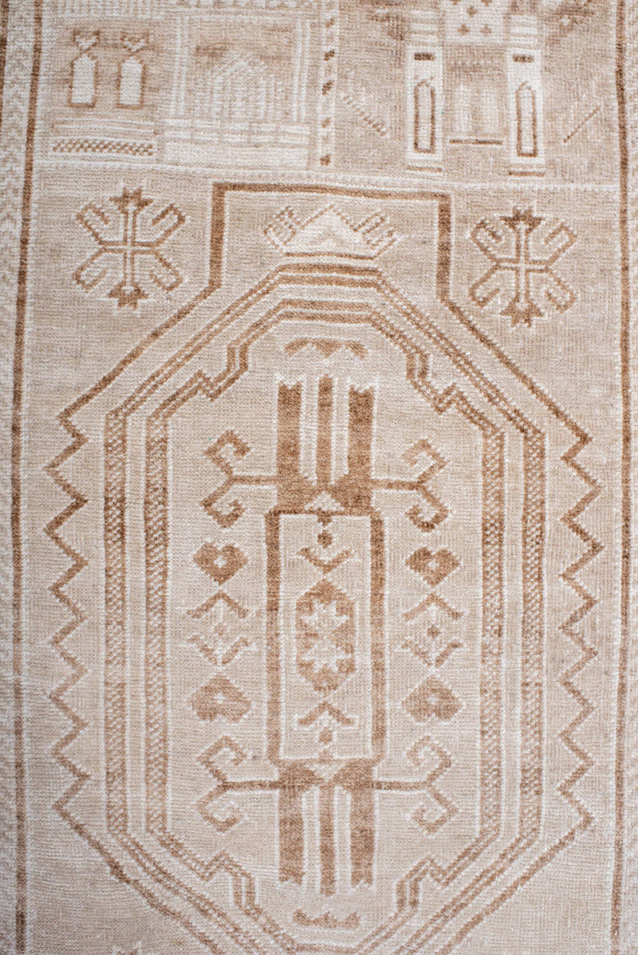 2' x 4' one-of-a-kind handmade antique Belouch small size rug. Color palette: ivory, beige, taupe, camel, sand, gray