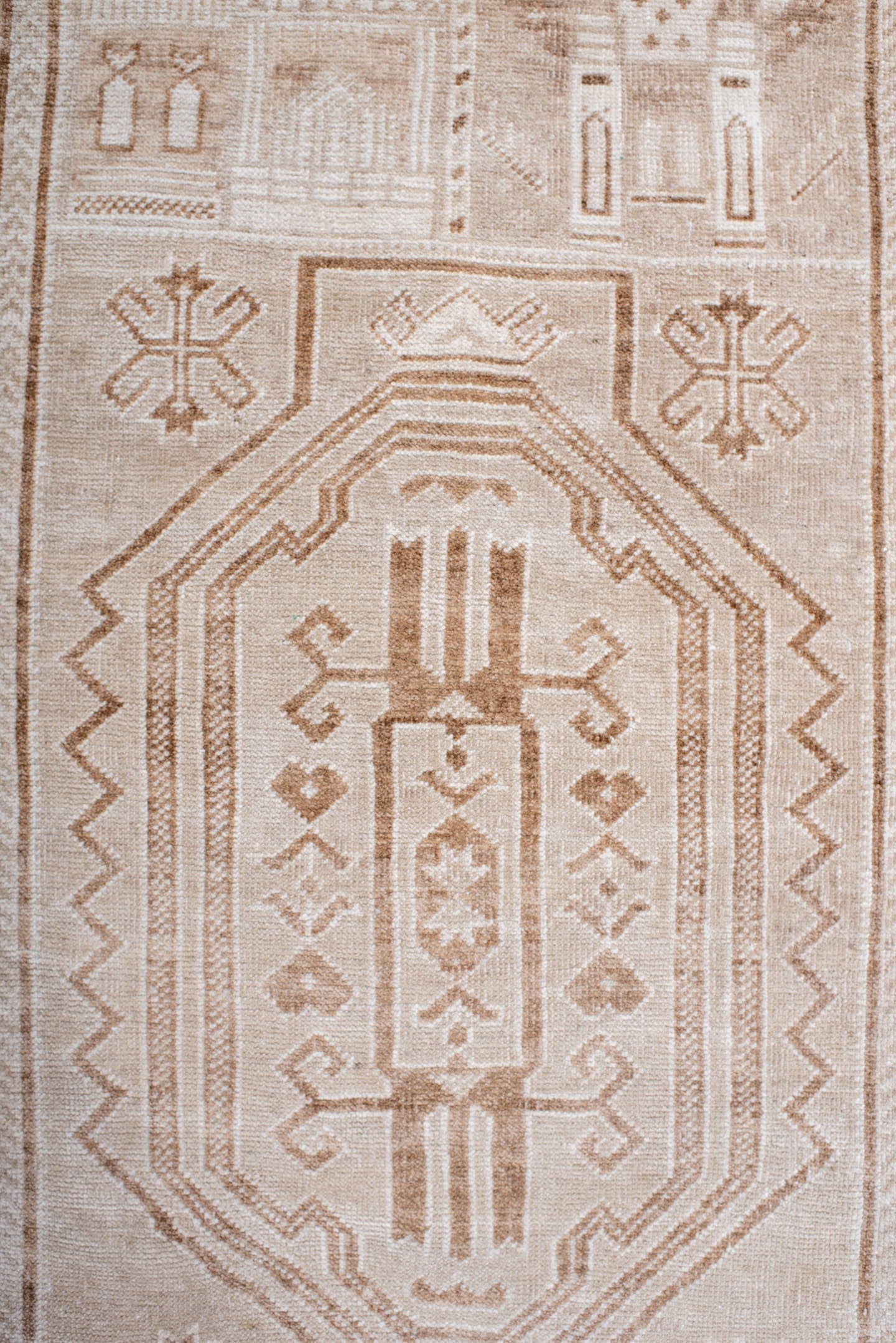 2' x 4' one-of-a-kind handmade antique Belouch small size rug. Color palette: ivory, beige, taupe, camel, sand, gray
