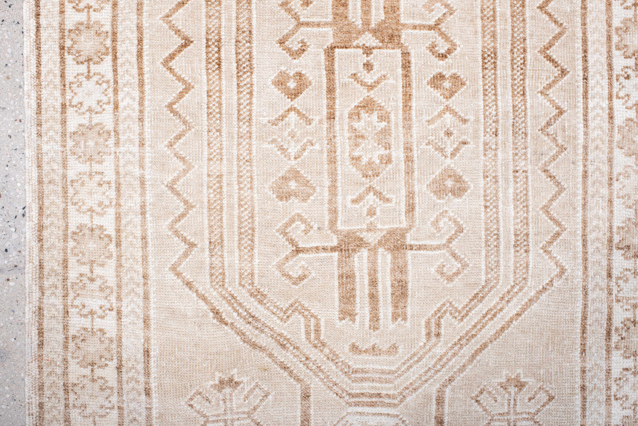 2' x 4' one-of-a-kind handmade antique Belouch small size rug. Color palette: ivory, beige, taupe, camel, sand, gray